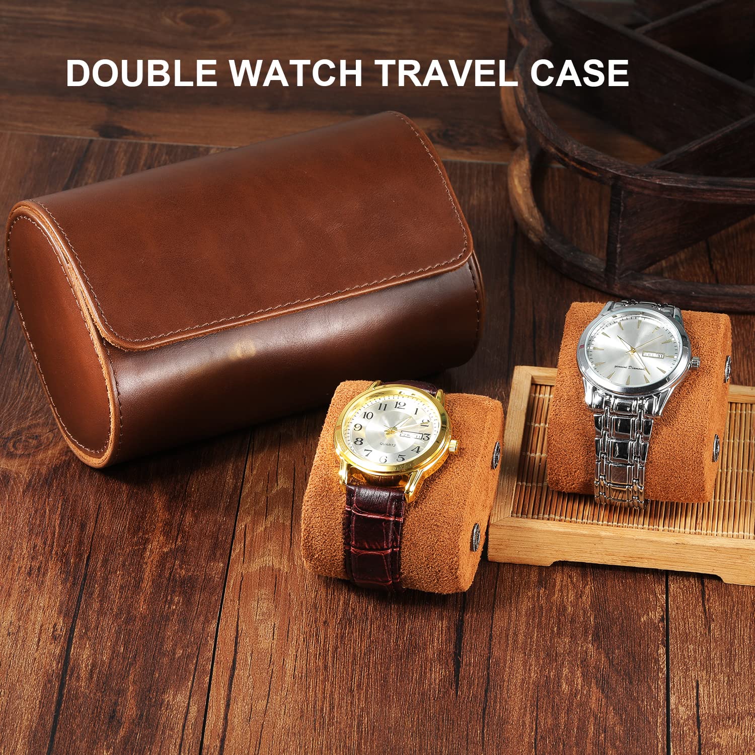 ROSELLE Watch Roll Etui podróżne dla mężczyzn i kobiet – organizer na 2 zegarki, bezpieczne przechowywanie dzięki wyjmowanym poduszkom i solidnym przegrodom, do domu, podróży i ekspozycji (brązowe)