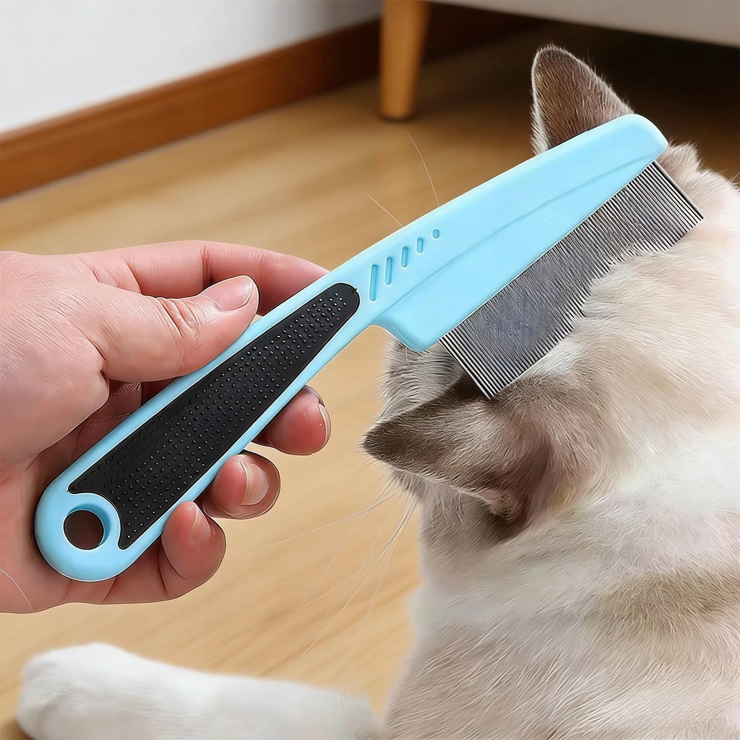 Peine duradero de mango largo para mascotas, peine de dientes densos para perros y gatos para eliminar piojos, peine de depilación de mascotas (negro y azul)