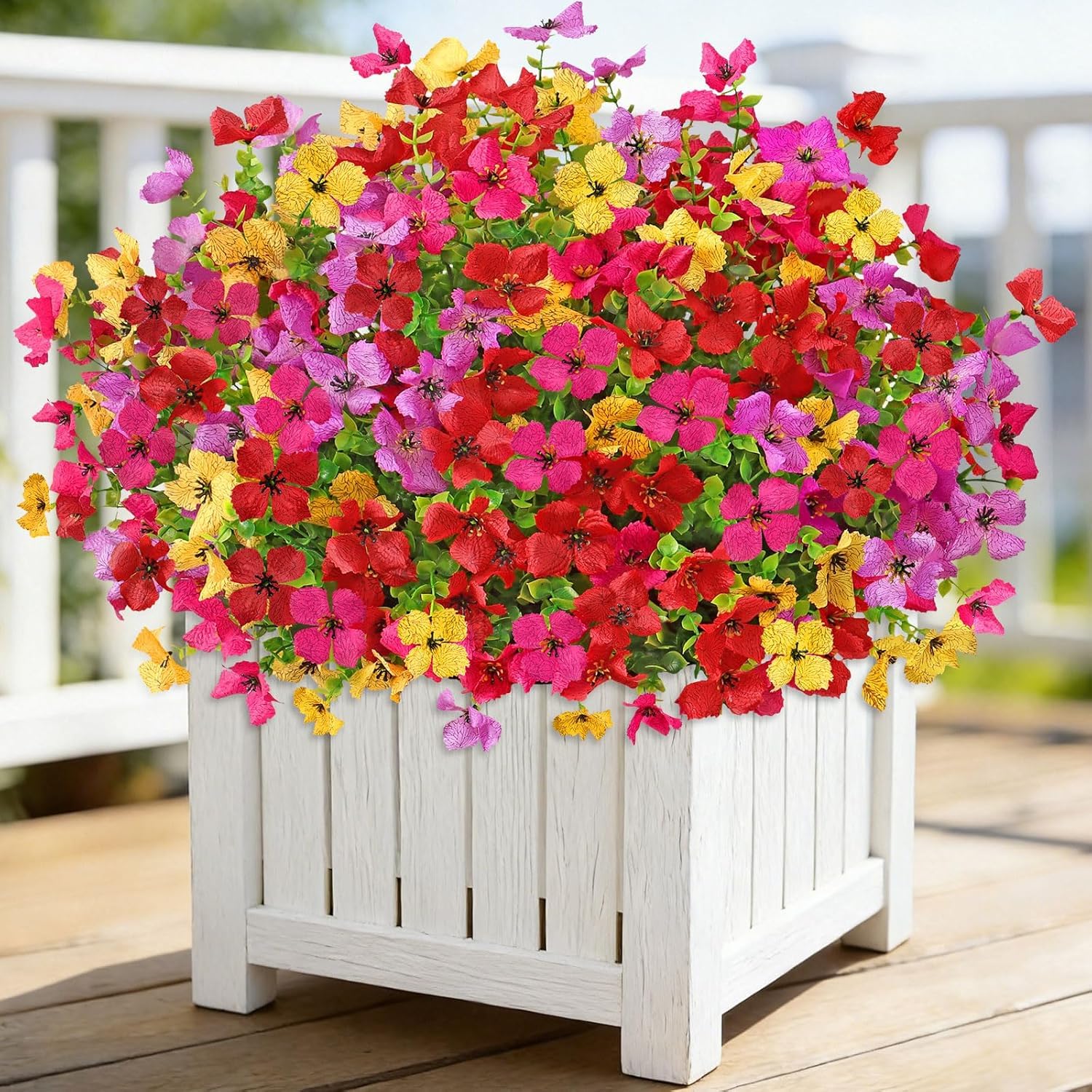 UXORSN 12 Bundles Artificial Flowers Outdoor 4 Colors Mixed Fake Silk Flower UV Resistant Eucalyptus Daisy Faux Flowers Plastic Artificial Plants for Outdoor Spring Summer Planter Garden Decor, Mix