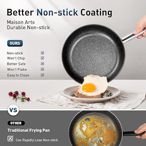 Miniatura 4 de MAISON ARTS Juego de 2 sartenes antiadherentes, sartenes de 9.5 y 11 pulgadas con mango de acero inoxidable, sartén profunda no tóxica, juego de