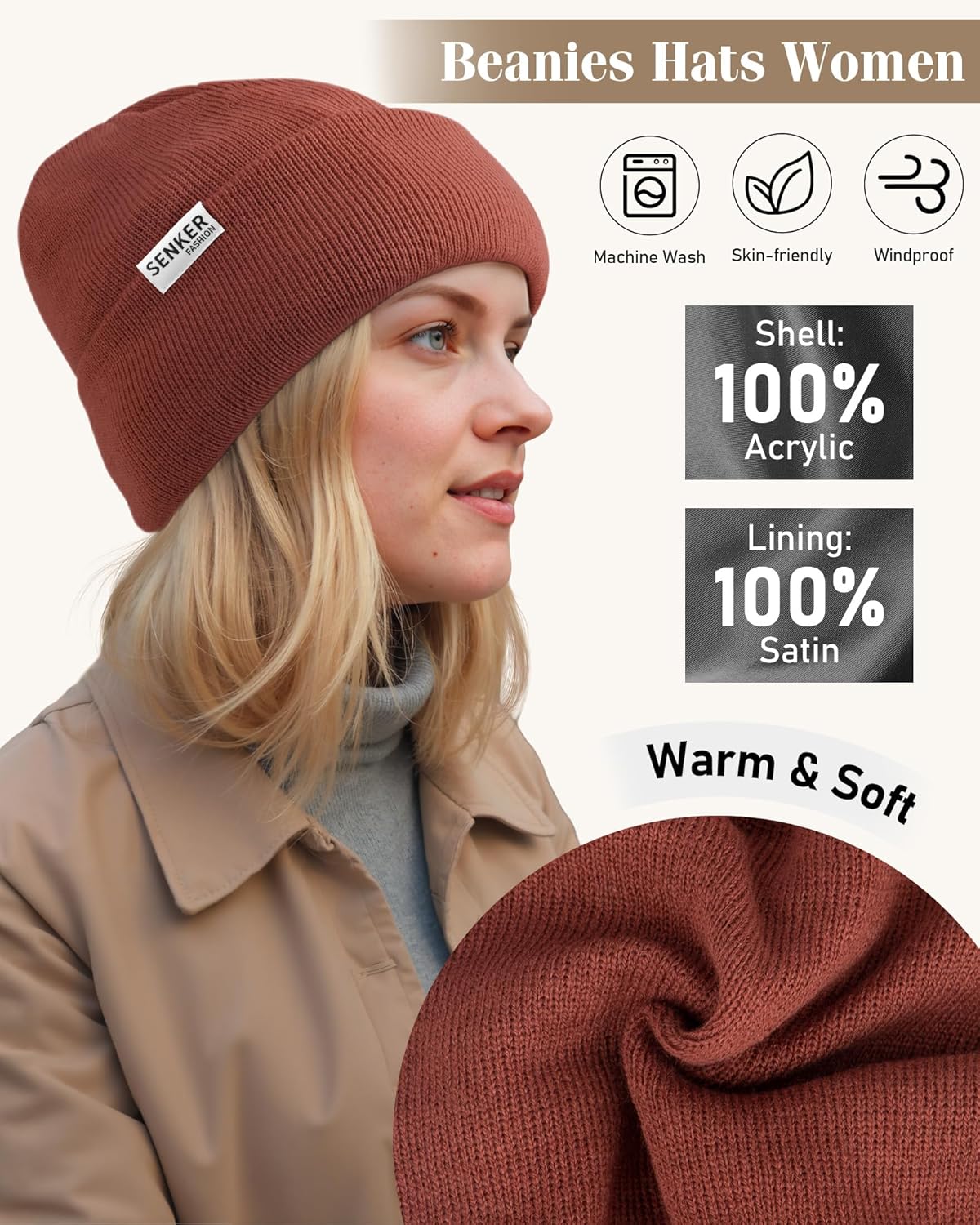 Senker Fashion 3 Pack Satin Lined Beanie Hats for Women Men, Winter Silk Beanies Knit Soft Warm Cuffed Hat Slouchy Caps - Image 5