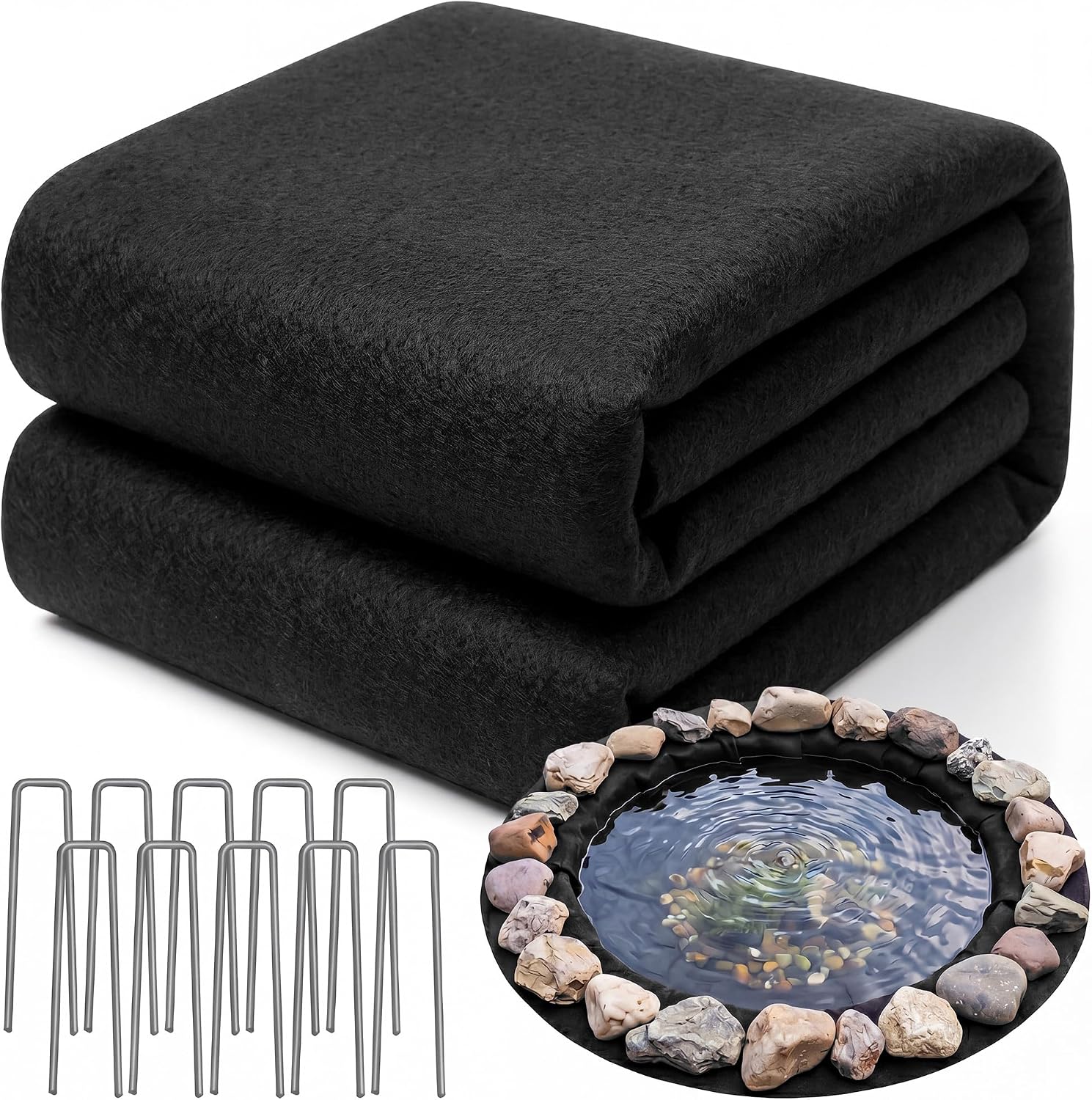 Fanfanwin 12 ft Round Pond Liner Underlayment 6oz Heavy Duty Black Non Woven Geotextile Underlayment Fabric with 10 U-pins for Outdoor Pond Streams Fountains Garden Waterfalls Fishpond Weed Barrier