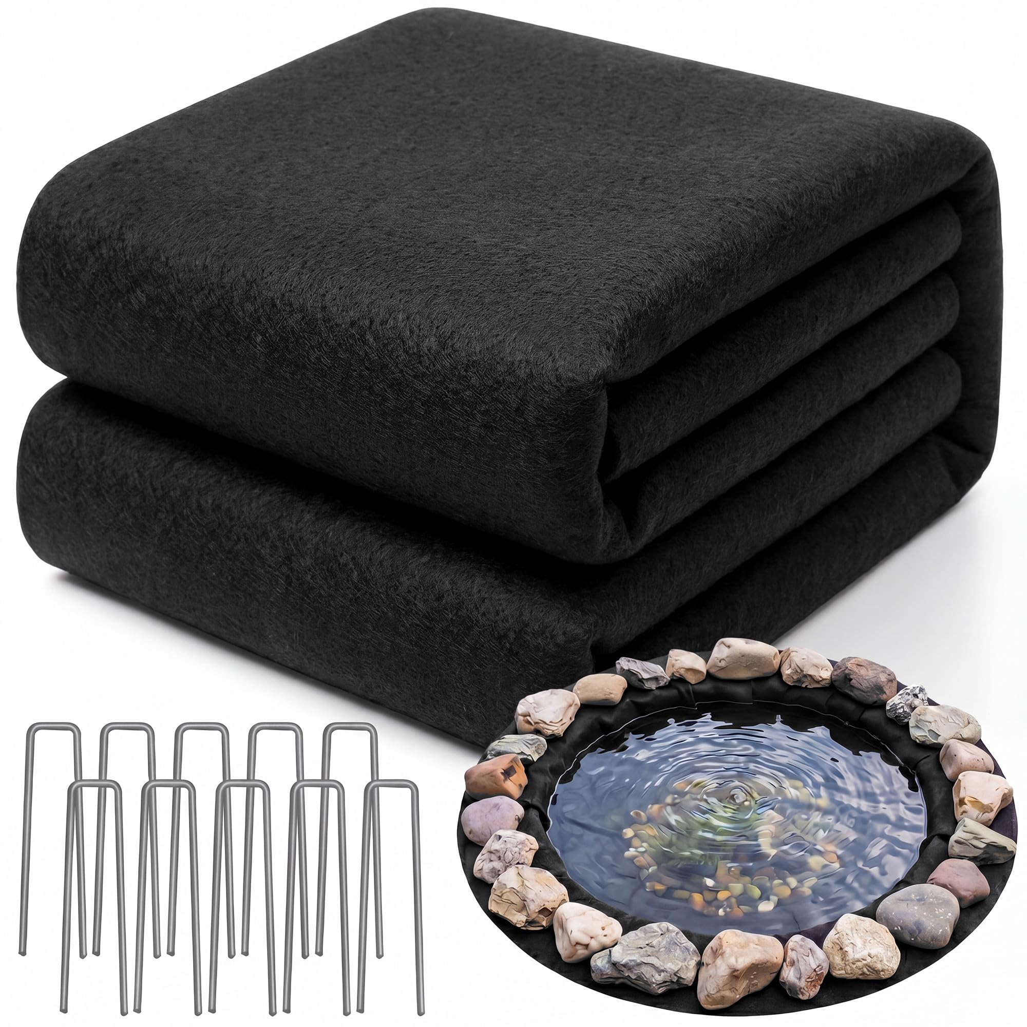 Fanfanwin 12 ft Round Pond Liner Underlayment with 10 U-pins, 6oz, Black