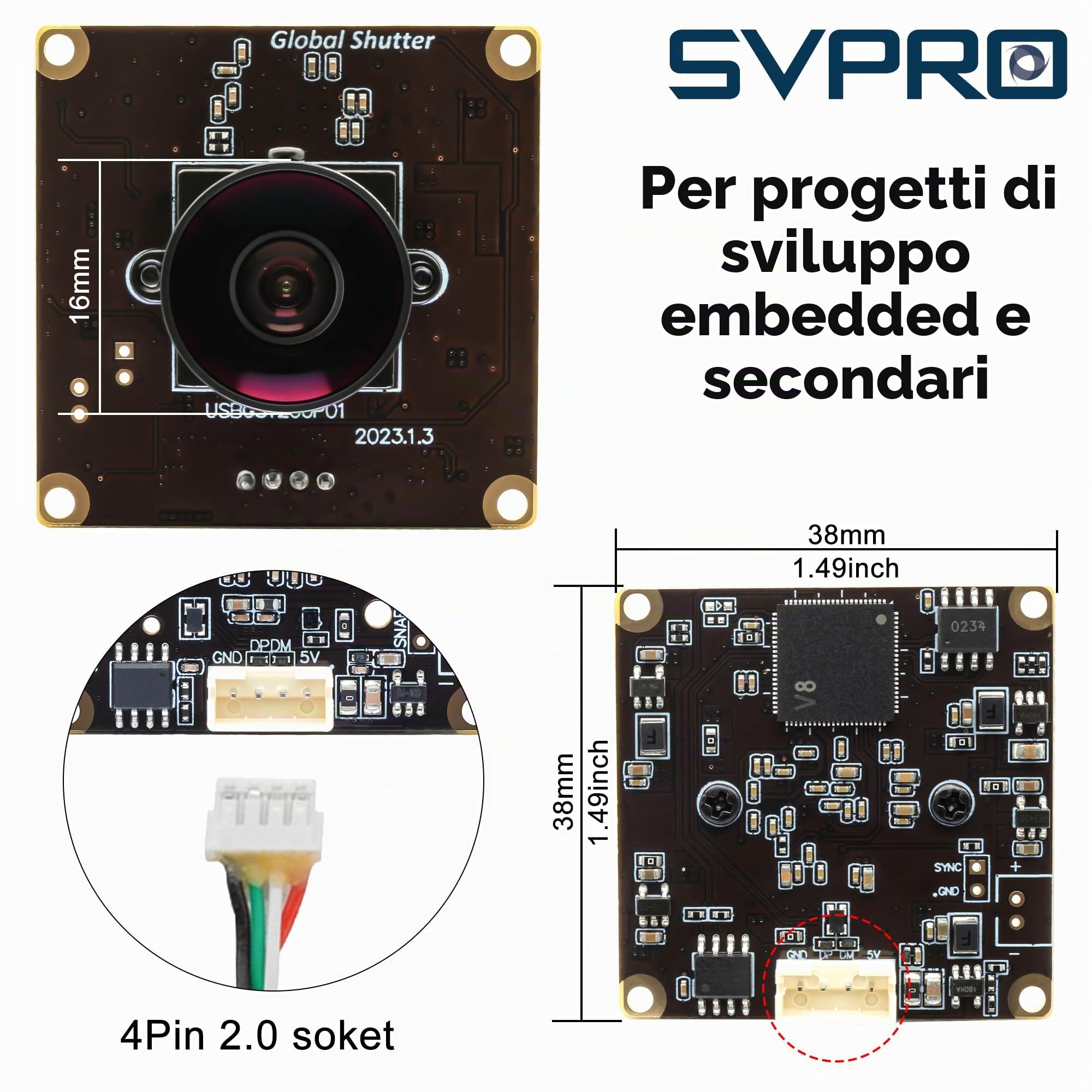 Svpro 2 MP Global Shutter USB Camera Board 90 fps Alta Velocità Webcam Modulo con Obiettivo Fisheye Grandangolo Fotocamera Rallentatore 1920 x 1200 AR0234 Fotocamera per computer, laptop, dispositivo