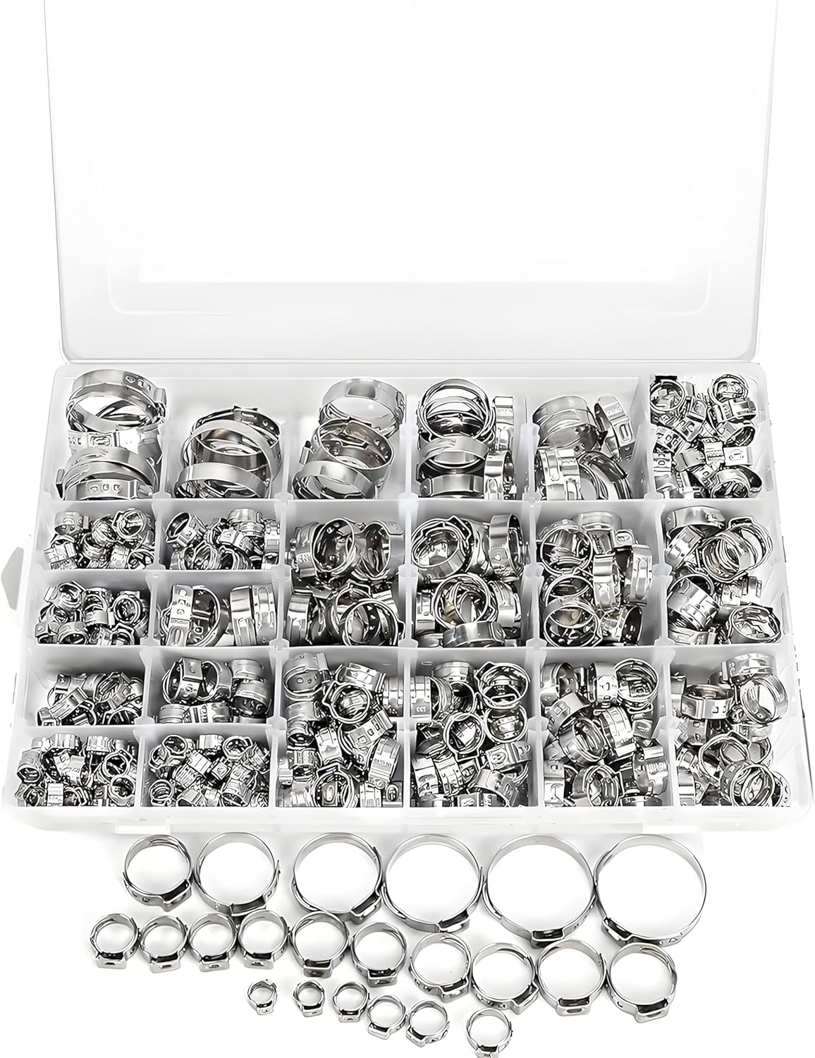 600PCS Single Ear Hose Clamps, 0.2in to 1.3in Crimp Hose Clamps, 304 Stainless Steel Hose Clamp, Stepless Hose Fittings for Water Pipe, Storage Case, Constant Crimp