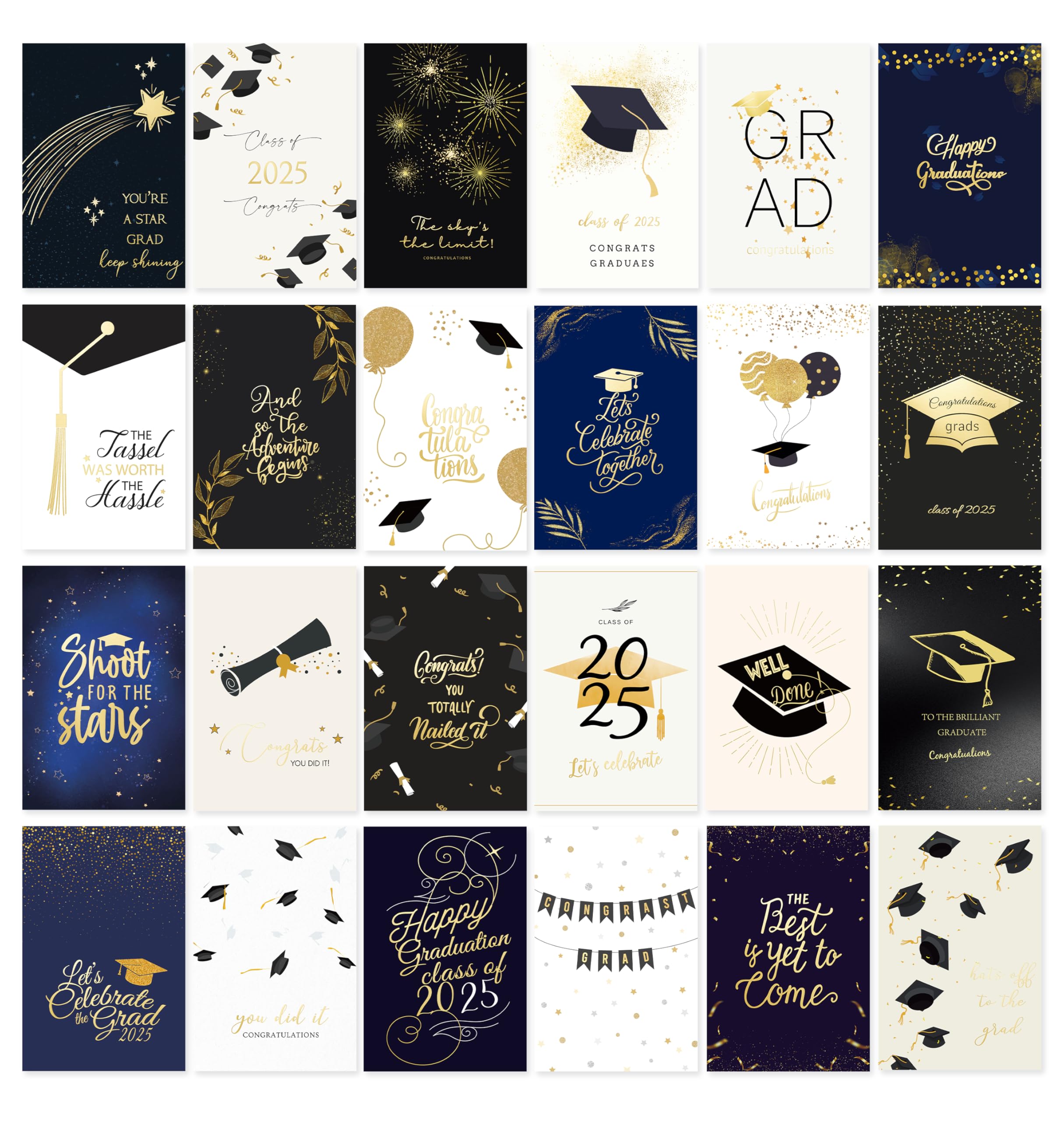 Graduation Cards 2025, 24 Pack Boxed 4"x6" Gold-Foil Graduation Cards with Self-Adhesive Envelopes, 24 Unique Designs Congratulations Grad for College