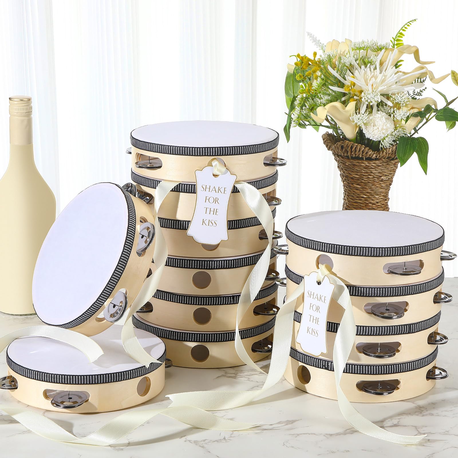 Set di 12 tamburelli da 17,8 cm per adulti, tamburelli in legno, con sonagli in metallo, etichette regalo, nastro a percussione strumento musicale per matrimoni in chiesa (fila singola)