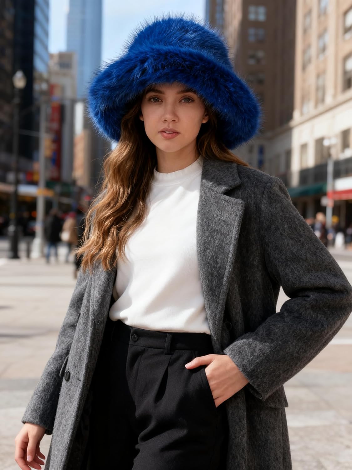 Faux Fur Bucket Hat for Women - Oversized Winter Long Pile Fur Wide Moldable Brim Warmer Cap - Image 6