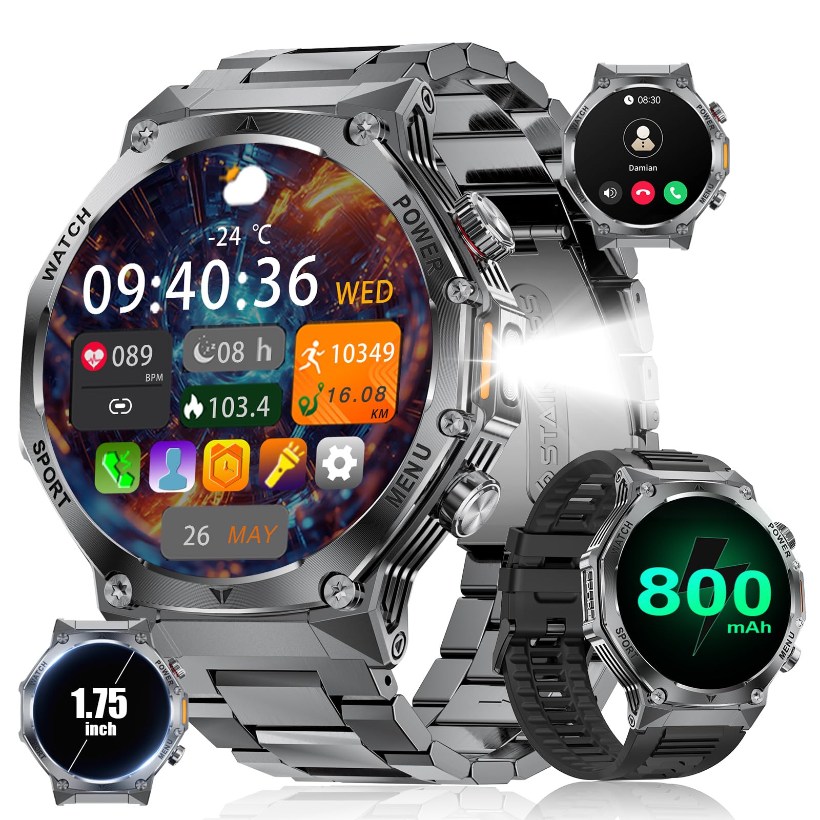 LIGE Smartwatch Uomo,1.75'' HD Orologio Smartwatch con Torcia LED/800mAh/Chiamata Bluetooth,114 modalità Sportive Cardiofrequenzimetro SpO2 e Sonno,per Android iOS
