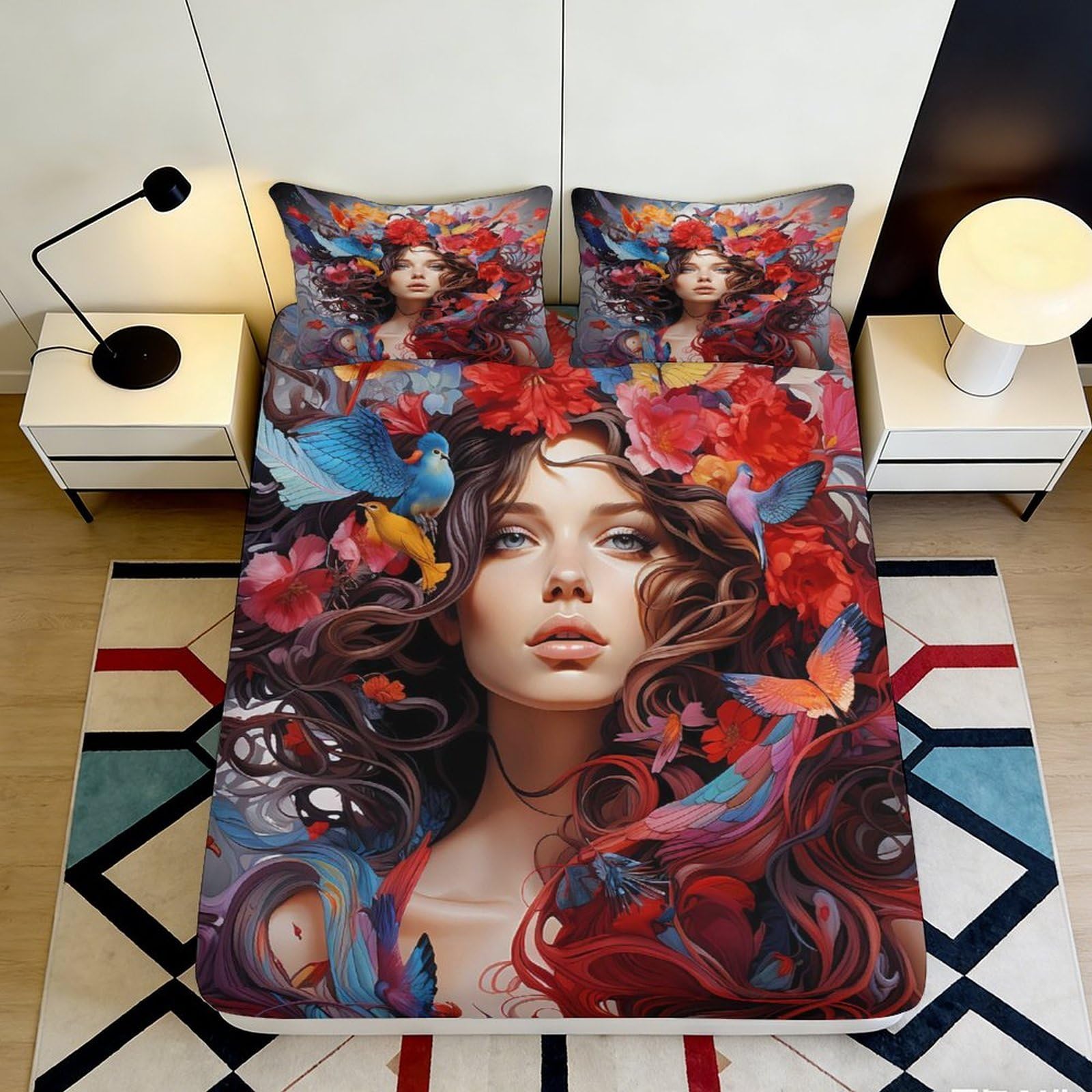 Uxinyoume Style-9 3D Printed Artistic Woman Fitted Sheet Microfiber Soft Colorful Abstract Flowers Mattress Cover Bedroom Decor 90X200x25cm