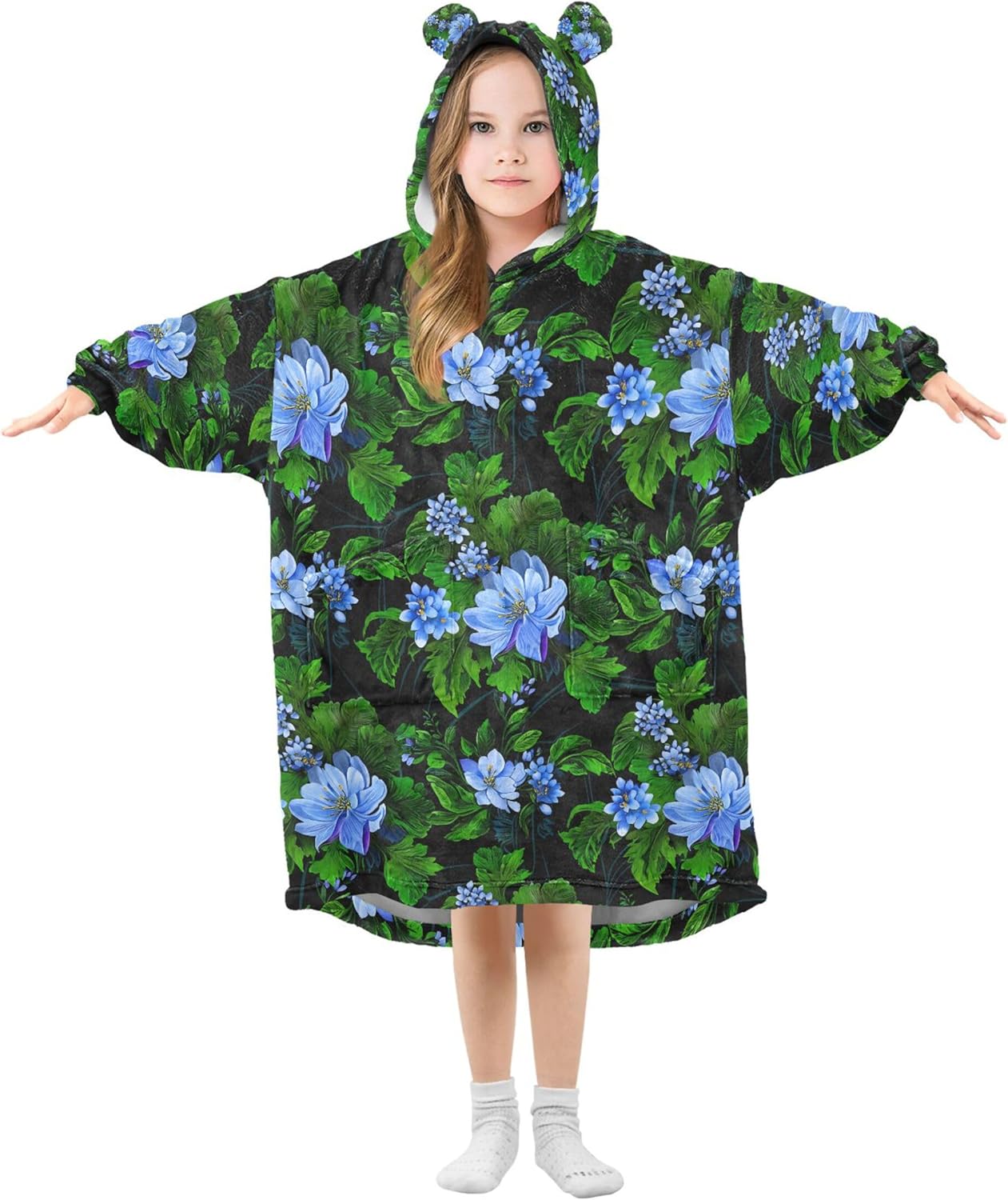 Blue Flowers Leaves Kids Wearable Blanket Hoodie with Pocket and Sleeves for Toddlers, Cute Hoodies Girls Boys