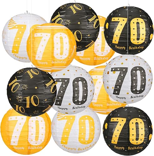 Panelee 12 linternas de papel colgantes para fiesta de 70 cumpleaños, decoración de cumpleaños, linternas de papel negras y doradas, linternas