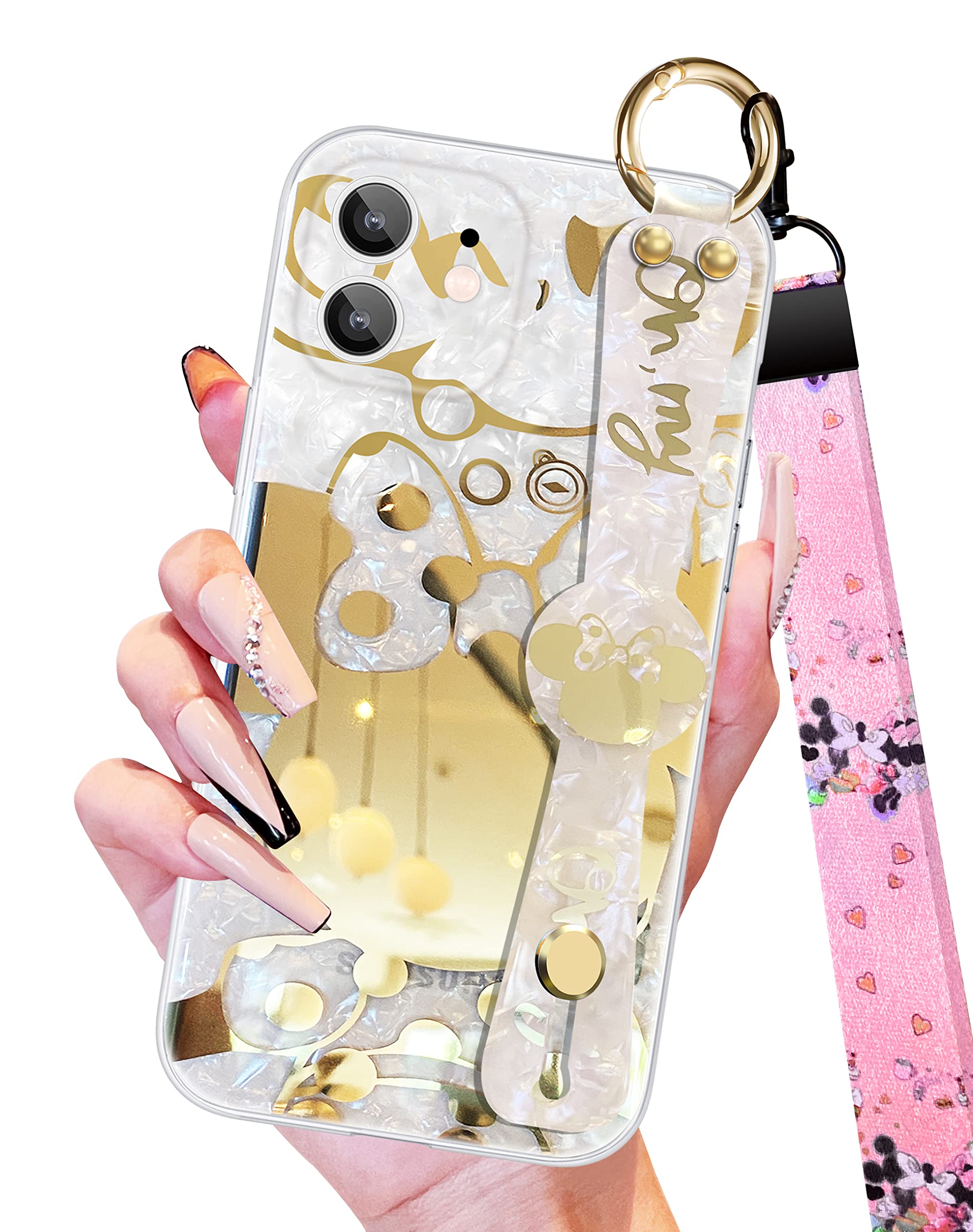 with Wrist Strap for iPhone 12 6.1" Case Lanyard Girls Women Girly Boys Cartoon Cute Kawaii Character Wristband Cases Aesthetic Design Cover for iPhone 12 6.1 Inches