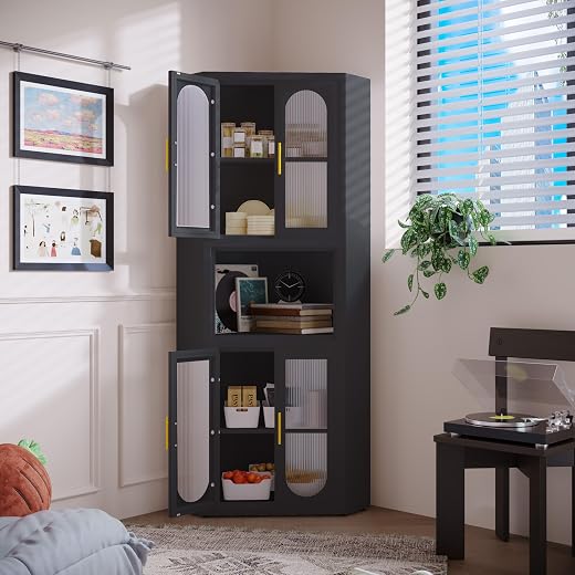 erosoei Farmhouse Corner Cabinet, Tall Corner pantry Storage Cabinet with acrylic glass Door Design &amp; Adjustable Shelves, ...