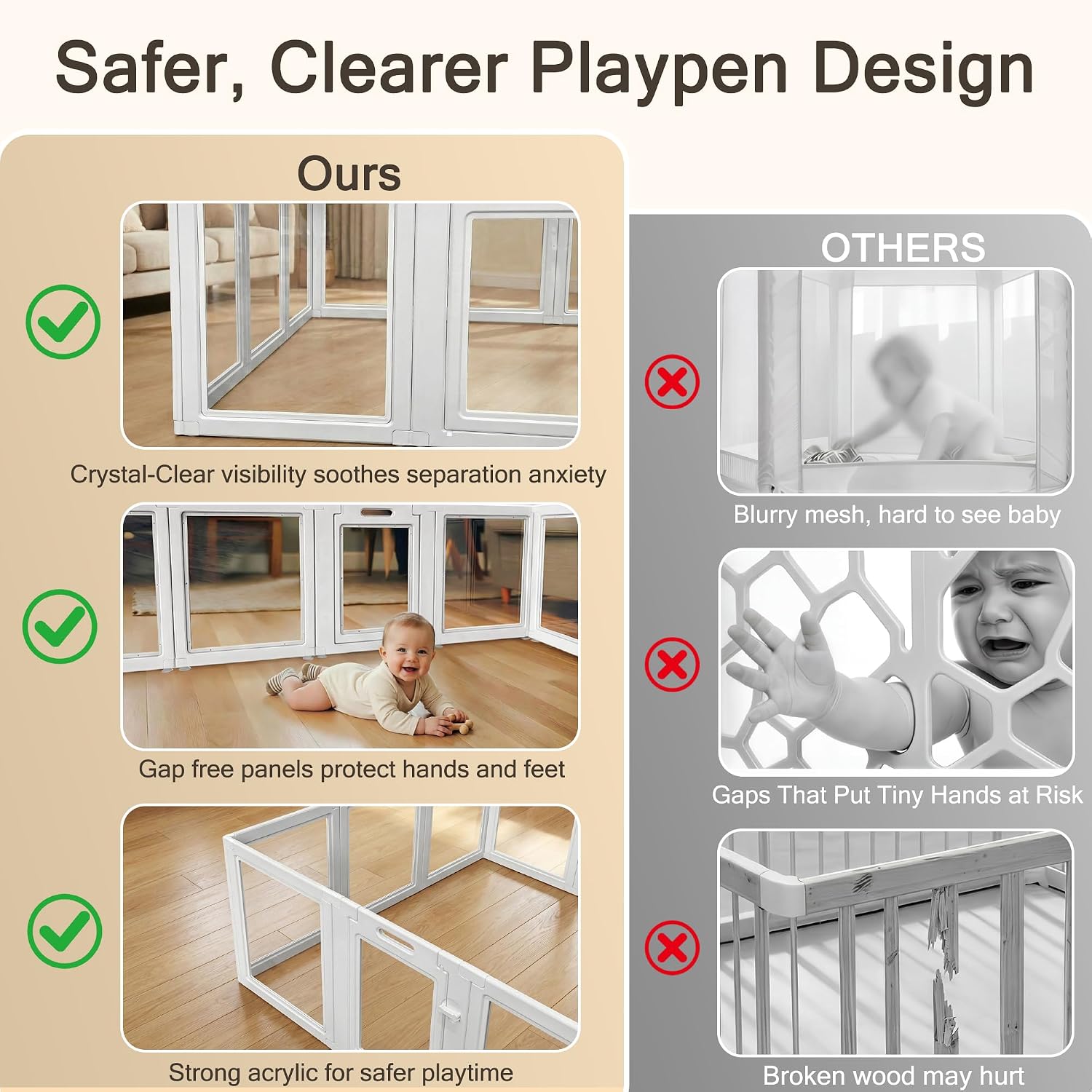 Clear Acrylic Baby Playpen with Gate, Play Pen for Babies and Toddlers, DIY Shape, 59"x59" Indoor See-Through Baby Fence Playard, 12 Pannels