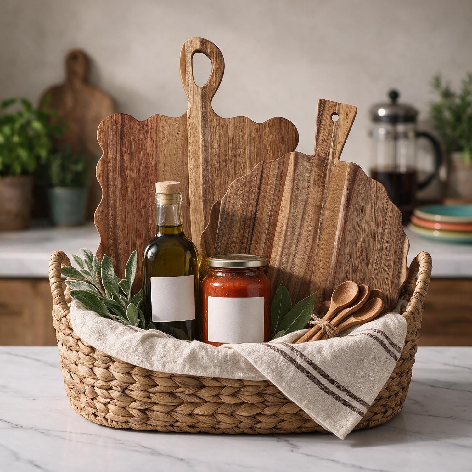 2 Pcs Scalloped Cutting Boards Wood Set, Decorative Acacia Charcuterie Boards with Handle, Serving Boards for Cheese Meat Fruit Bread, Farmhouse Cottagecore Kitchen Decor, Housewarming Wedding Gift