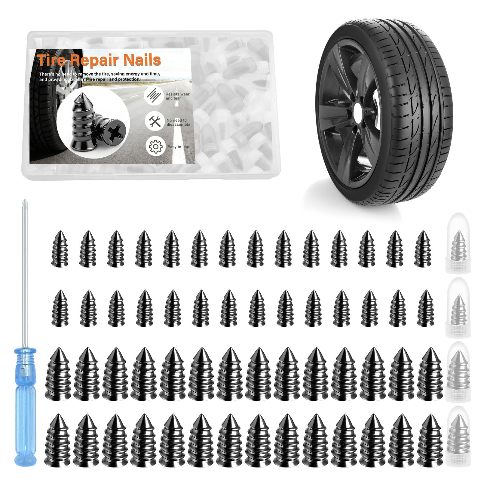 Morcheiong 60 Pcs Tire Repair Rubber Nail Kit Self-Tapping Tire Repair Screws Suitable for Motorcycles Trucks Cars Other Vacuum Tire Vehicles(30S & 30L)-image-25