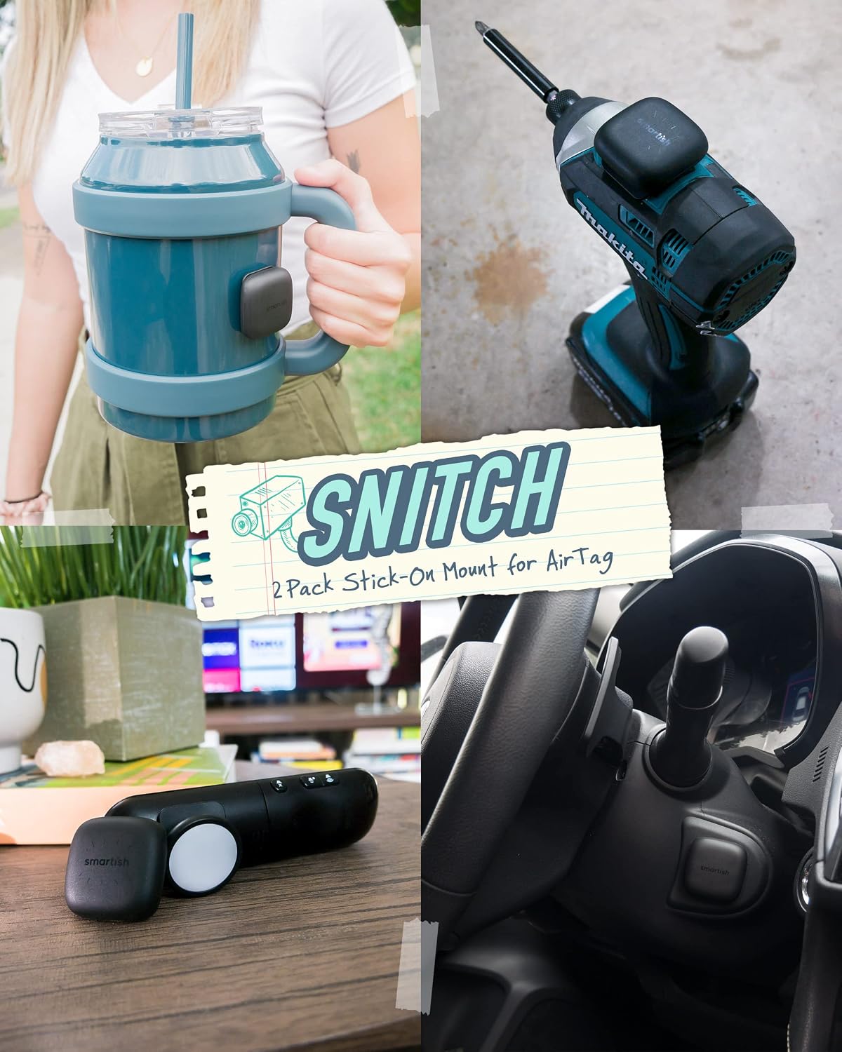 Smartish Adhesive Mount for AirTag- Snitch 2-Pack Stick-On Apple Air Tag Case - Protective Sticky Holder for Bike, Luggage, Car, Remote, Laptop, Electronics, Multi-Purpose AirTags Accessories - Black