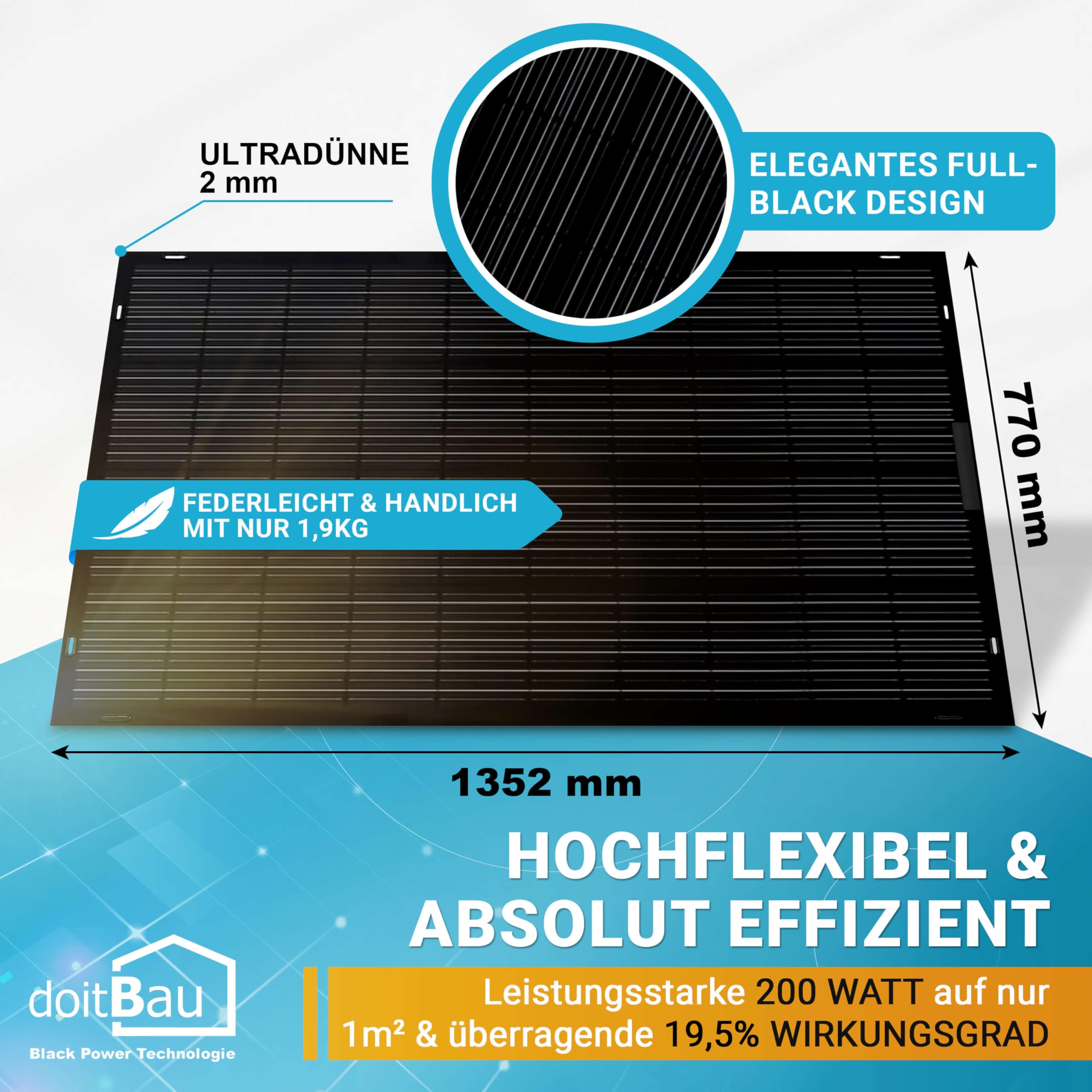 doitBau Modulo solare flessibile 200 W Full-Black - ultra sottile 2 mm, 1,9 kg - 1352 × 770 mm per camper, barca, balcone e tetto