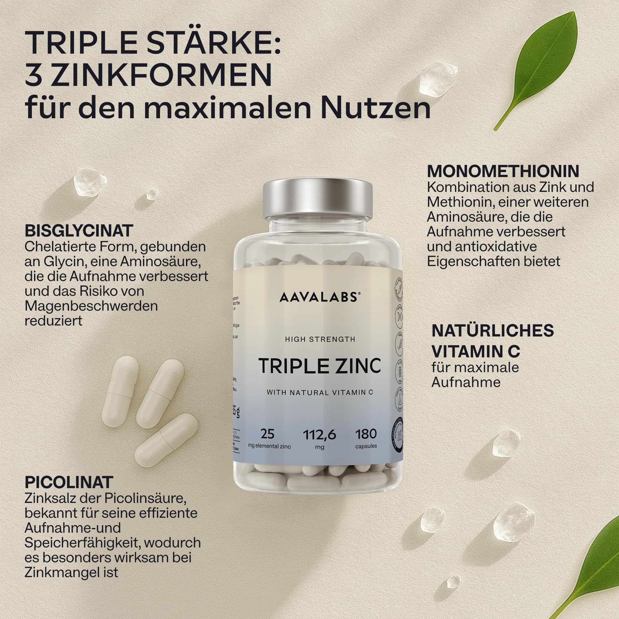 Zink Hochdosiert 3-in-1 Komplex 25mg mit Vitamin C - Zink Bisglycinat (Chelat), Picolinat, Monomethionin - Vegan Zinc Supplement - 180 Kapseln