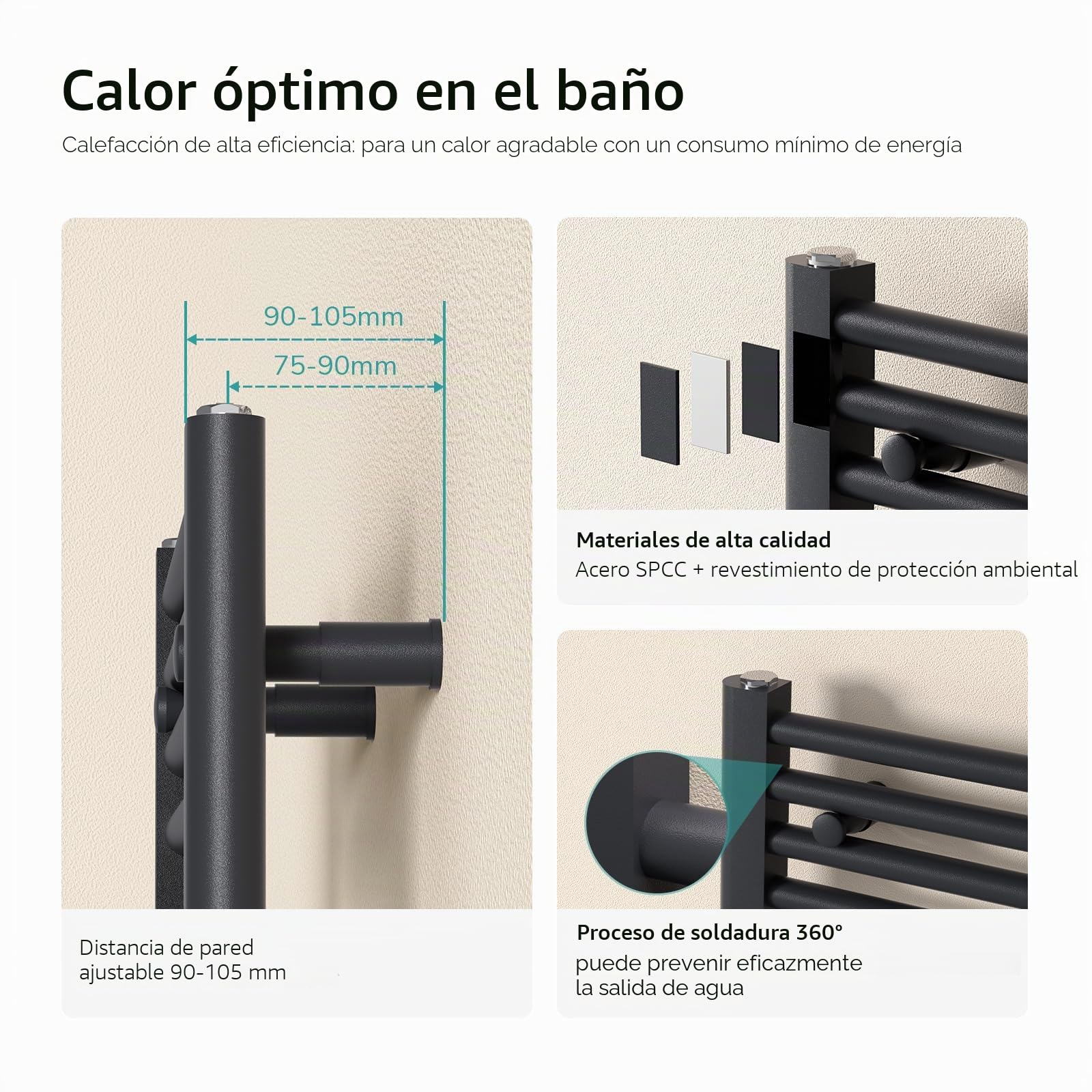 EMKE Radiador de baño, 100 x 40 cm, toallero de conexión Central, radiador de baño, toallero, Toallas, radiador, Toalla, radiador, baño, Toalla, Antracita, 356 W