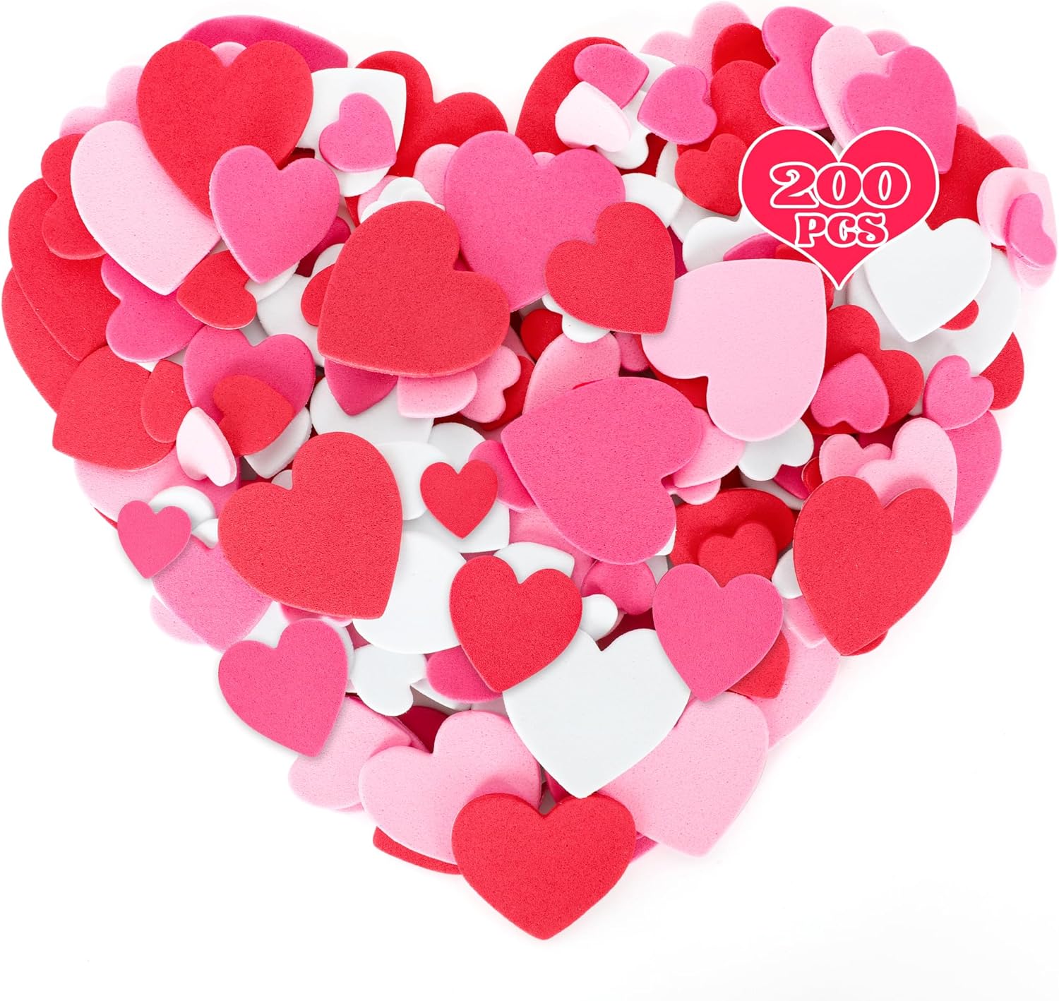 200 Pcs Valentines Stickers, Self-Adhesive Matte Foam Heart Stickers, Red Pink White Rose Valentines Stickers, 3 Sizes Foam Hearts Valentine Craft Supplies DIY Scrapbooking Cards Supplies