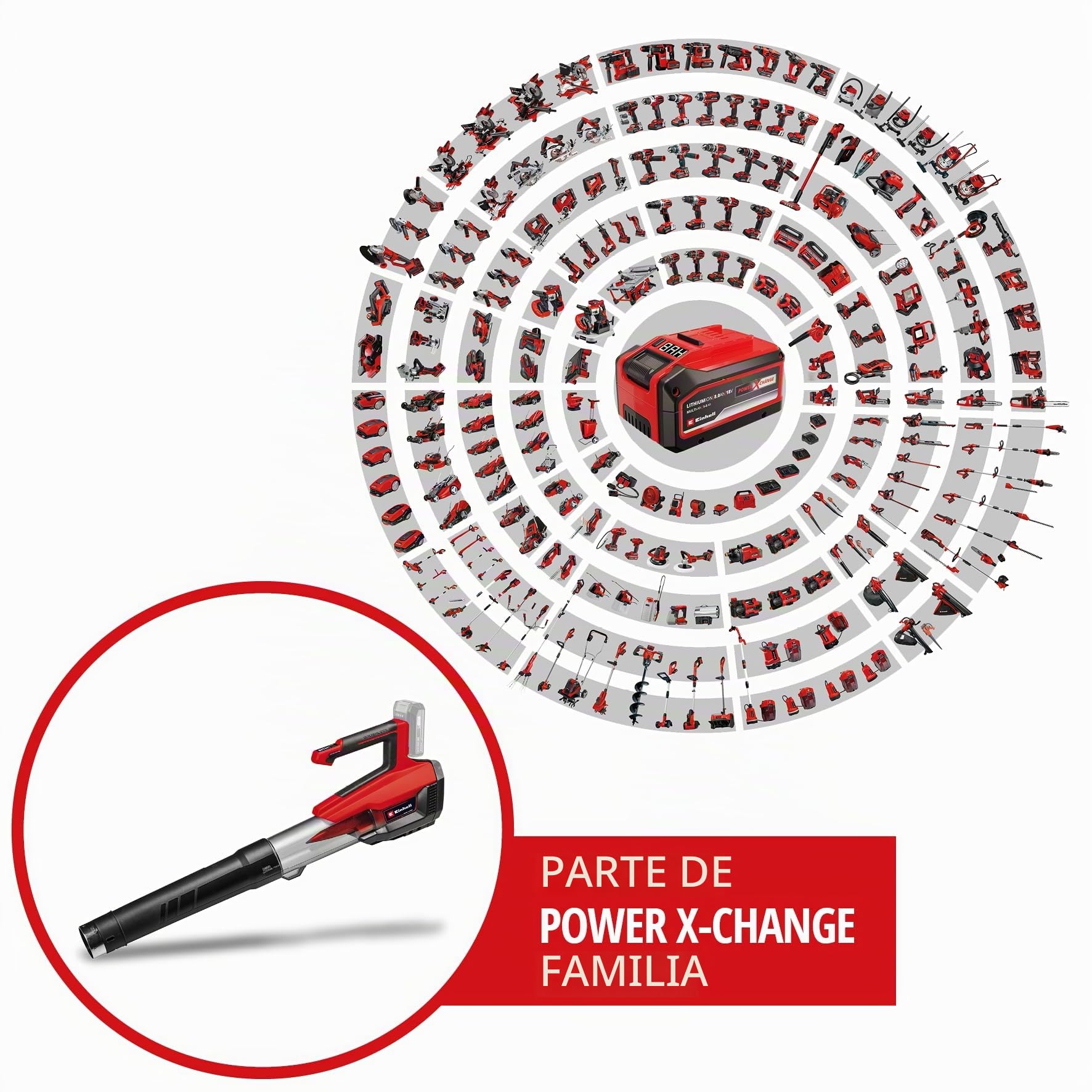 Soplador de Hojas con batería GP-LB 18/200 Li GK-Solo Power X-Change Einhell (Iones de Li, 18V, tecn. de rodete axial, Pot. de soplado 670m³/h, Set de Limpieza de canalones, sin batería ni Cargador)