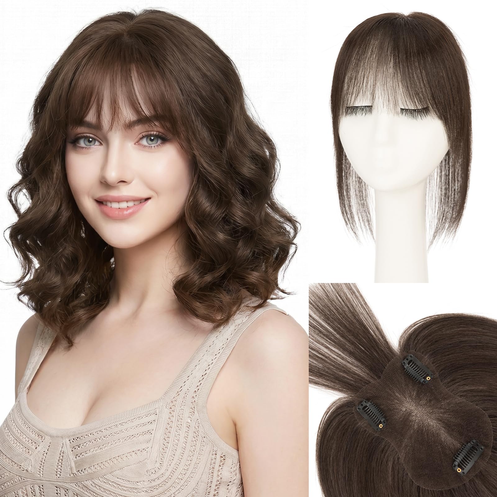 SEGOHAIR Echthaar Hair Topper für Frauen mit Wispy Pony Handgebundene 3,54" x 4,72" Lace-Basis-Haarteil mit 3 Clips einfaches Clip-in leichte atmungsaktive Basis #02 Mokkabraun