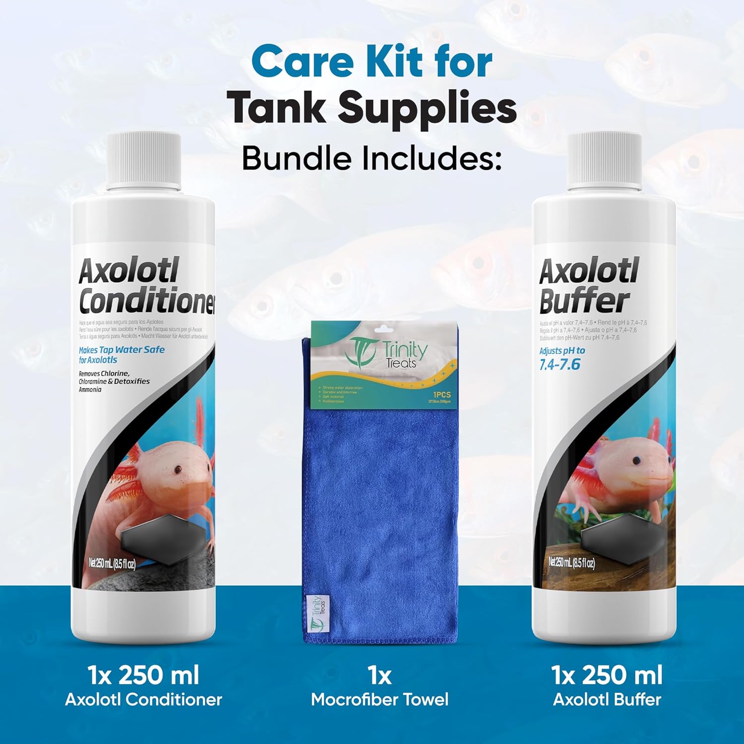 Axolotl Care Kit- Axolotl Conditioner 250ml & Buffer 250ml Including Trinity Treats Microfiber Cleaning Cloth, Axolotl Care Kit for Tank Supplies & Accessories for Healthy Water in Aquarium or Tank