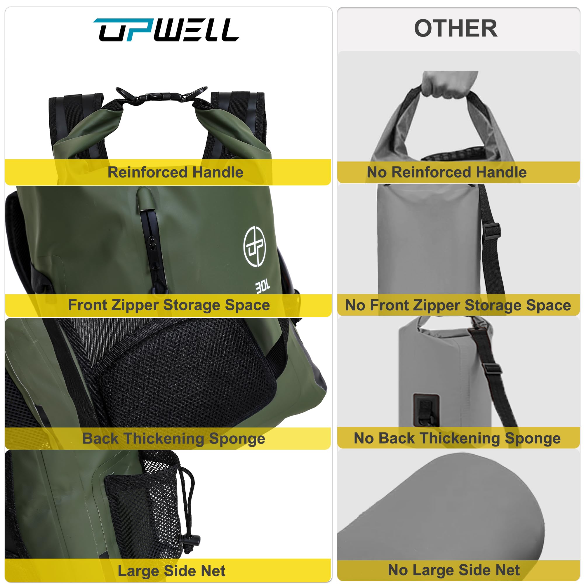 UPWELL Wasserdichter Trockentasche, 30 l, Boot-Rucksack für Reisen, Wandern, Camping, Kajakfahren, Wandern, wasserdichte Taschen