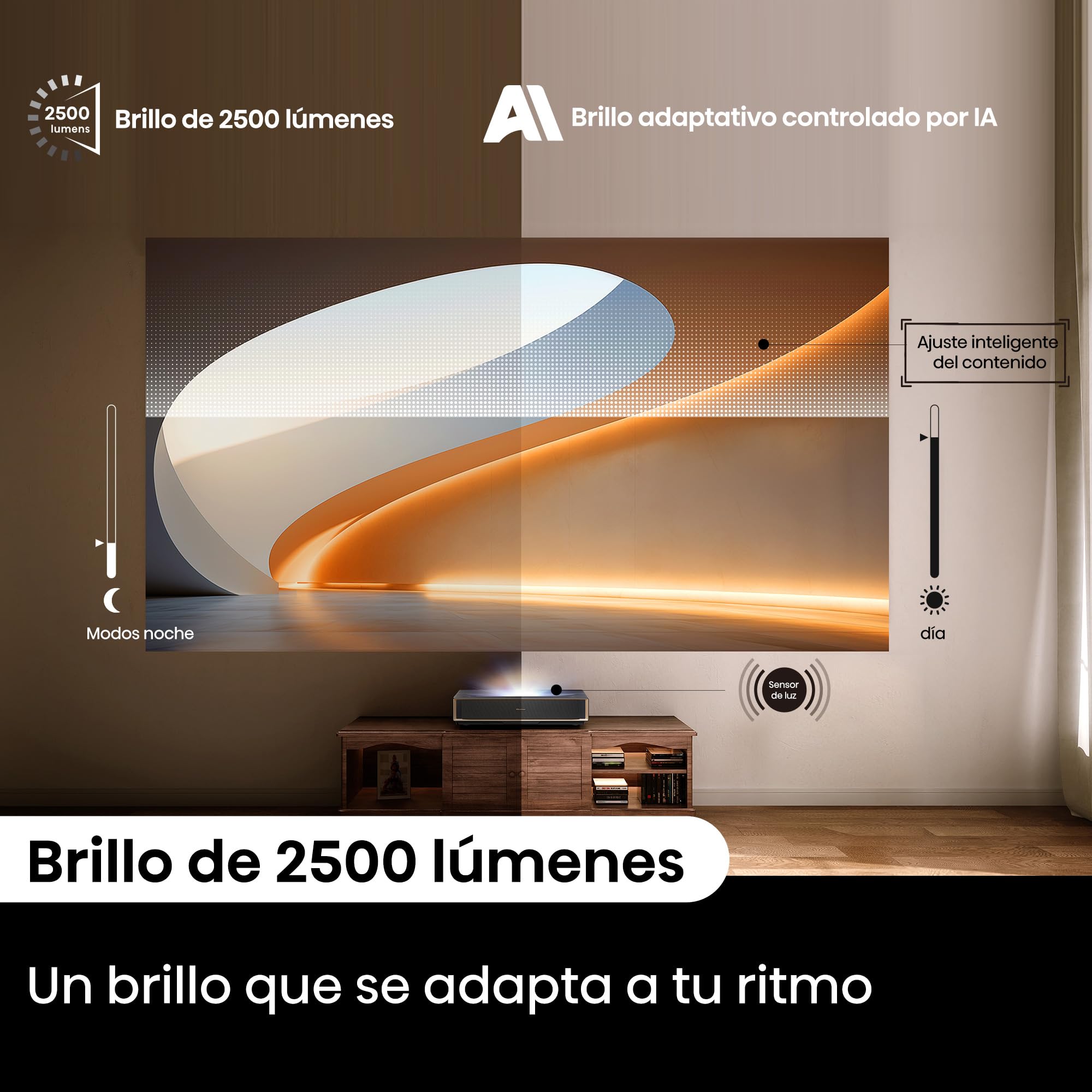 Hisense PT1 - Proyector Laser Tricroma UHD 4K Smart TV de Tiro Corto, de 80" a 150", 2500 Lumen, HDR10, Contraste Nativo 3000:1, Dolby Vision, Dolby Atmos, IMAX Enhaced, Smooth Motion, Mando Solar