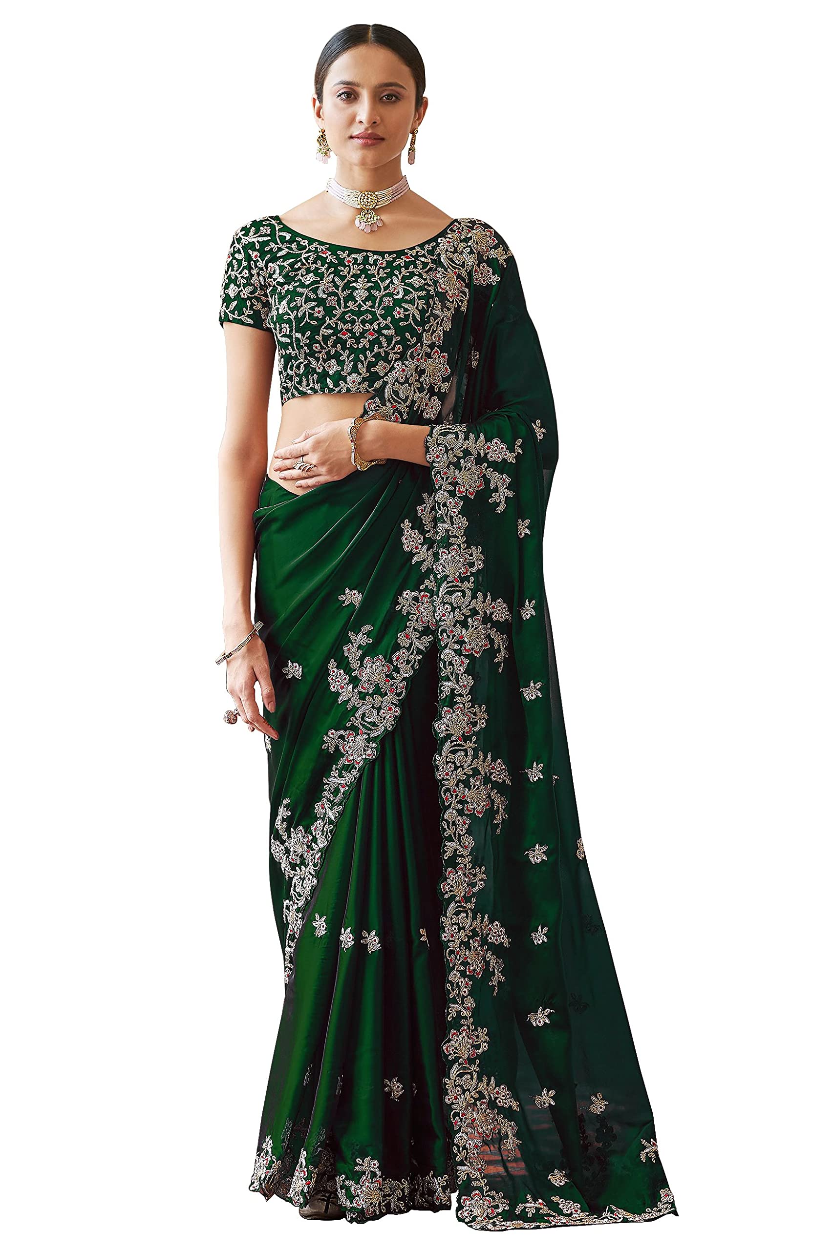 MAD MOON FASHIONWomen's Embroidery Work Rangoli Silk Saree | Unstiched Blouse Piece