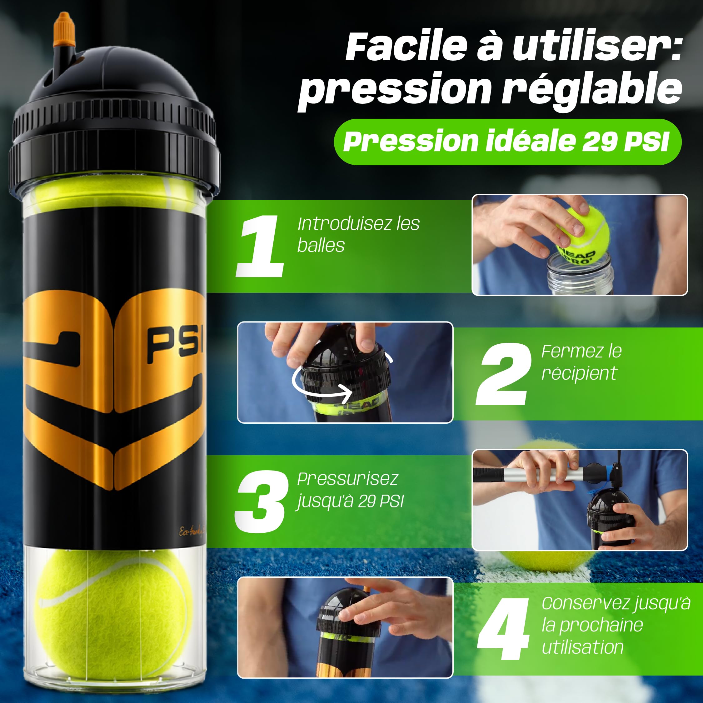TUBOPLUS 29PSI Pressurisateur de balles de padel et de tennis Maintient la pression et le rebond Pot hermétique pour prolonger la durée de vie des balles