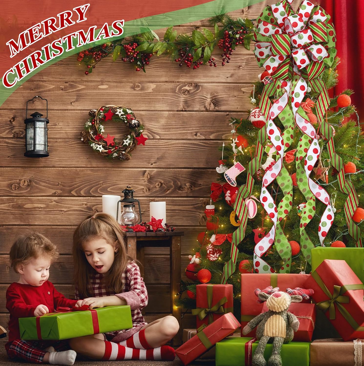 Tigeen Large Christmas Tree Bow Topper 52 x 12 Inch Red Green White Polka Dot Tree Topper Xmas Wreath Bow with Glitter Streamers for Christmas Party Indoor Outdoor Decoration Favor Supplies - Image 5