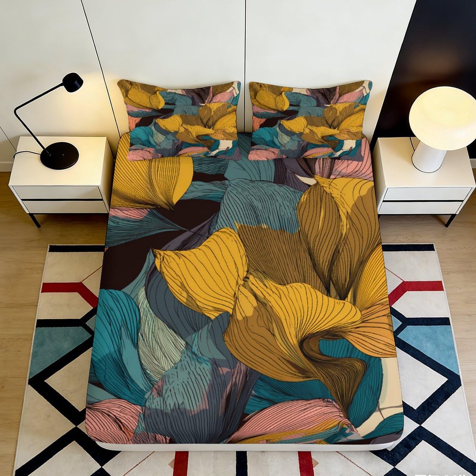 3D Printed Abstract Floral Fitted Sheet Microfiber Soft Breathable Botanical Leaf Bed Cover for Bedroom Guest Room Decor 160x200x25cm