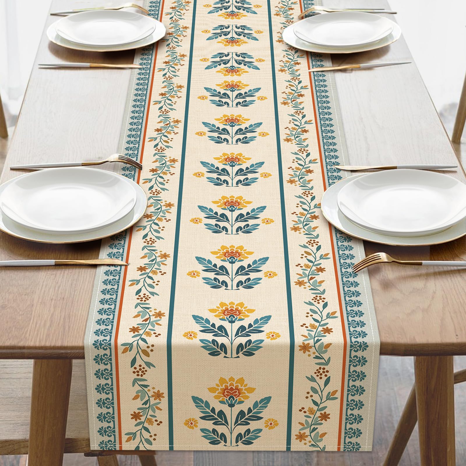 Vintage Pattern Floral Dining Table Runner, Retro Flower Leaves Plants Botanical Burlap Kitchen Decoration, Spring Summer Farmhouse Indoor Outdoor Home Decor Party Supply 13 x 72 Inches