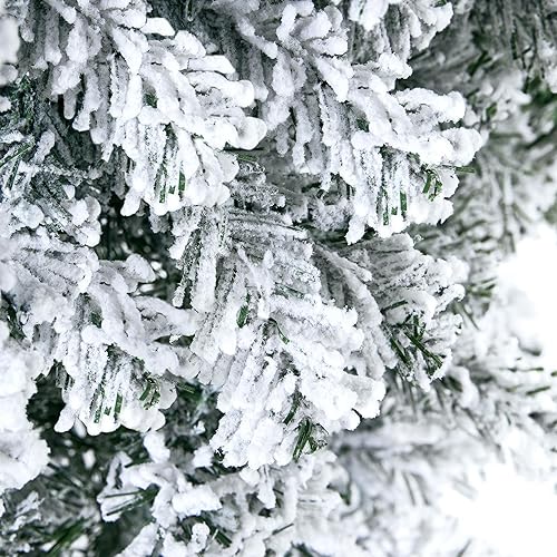 Miniatura 9 de Yaheetech 7.5ft Snow Flocked Artificial Christmas Tree with Lights, Pre-Lit Slim Pencil Christmas Tree wIncandescent Warm Lights &amp; Metal Plate Base,
