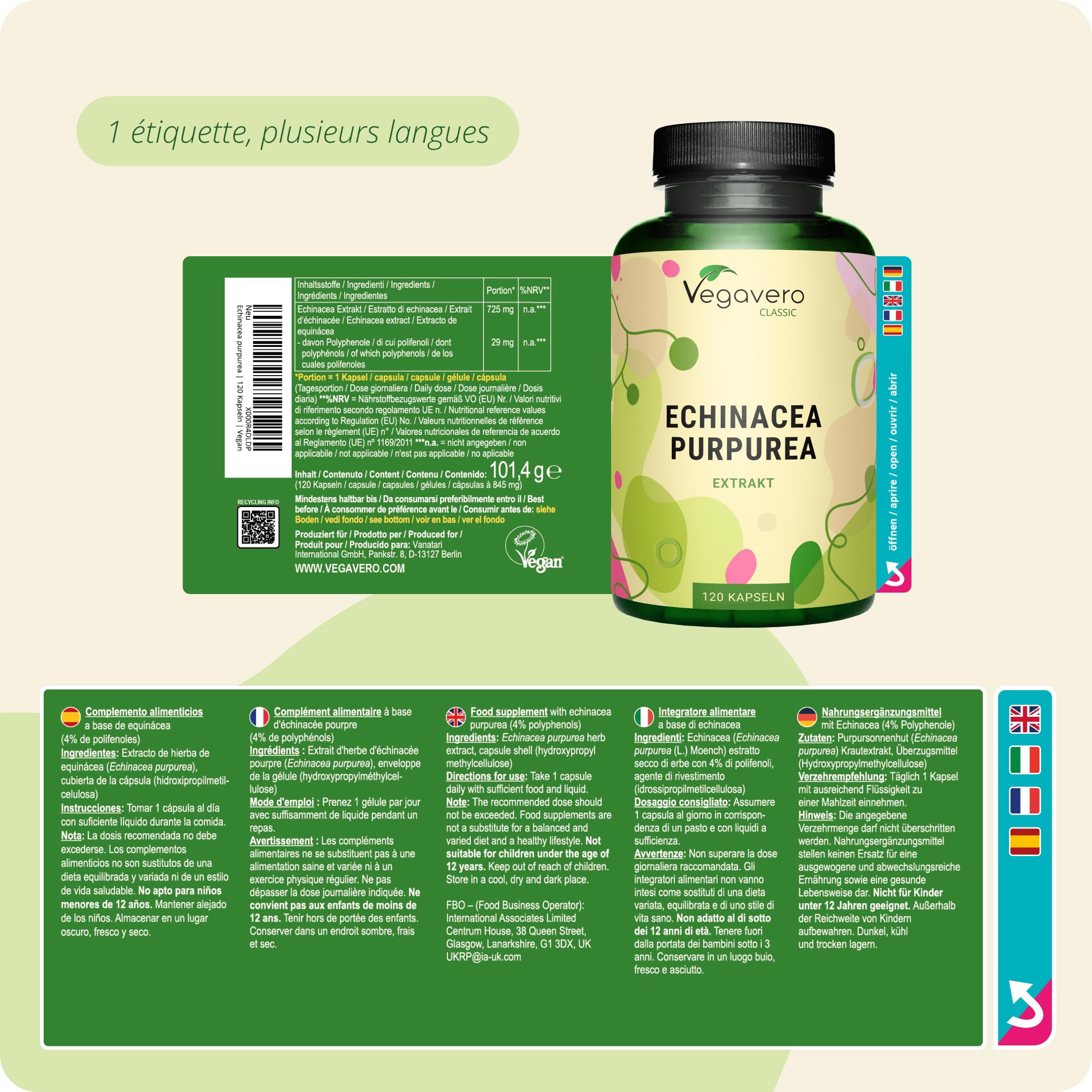Echinacea Vegavero® | Extrait Pur : 725 mg | Unique : Avec 4% Polyphenol | 4 MOIS | Systeme Immunitaire + Antioxydant Puissant | Sans Additifs | VEGAN