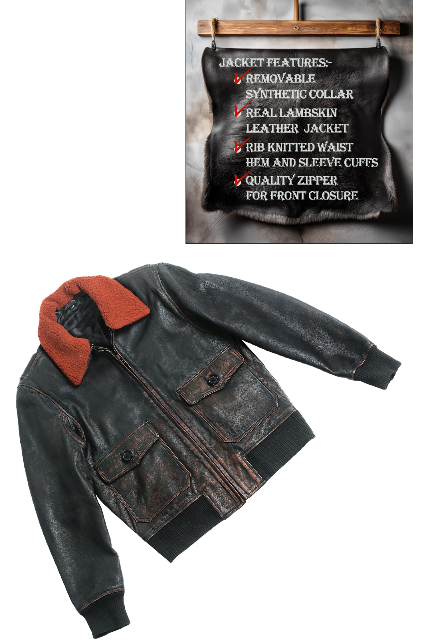 Chaqueta de aviador de piel auténtica para hombre, con cuello de piel artificial desmontable, chaqueta de cuero envejecido para hombre