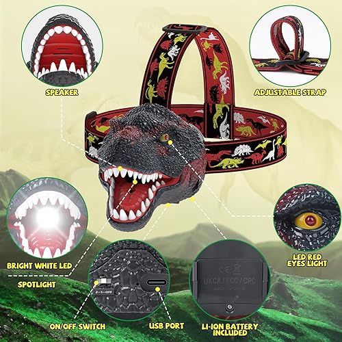Miniatura 2 de Linterna frontal de dinosaurio para niños, linterna LED recargable con modo rugido y silencioso, juguetes de dinosaurio T-Rex para niños de 3-5,