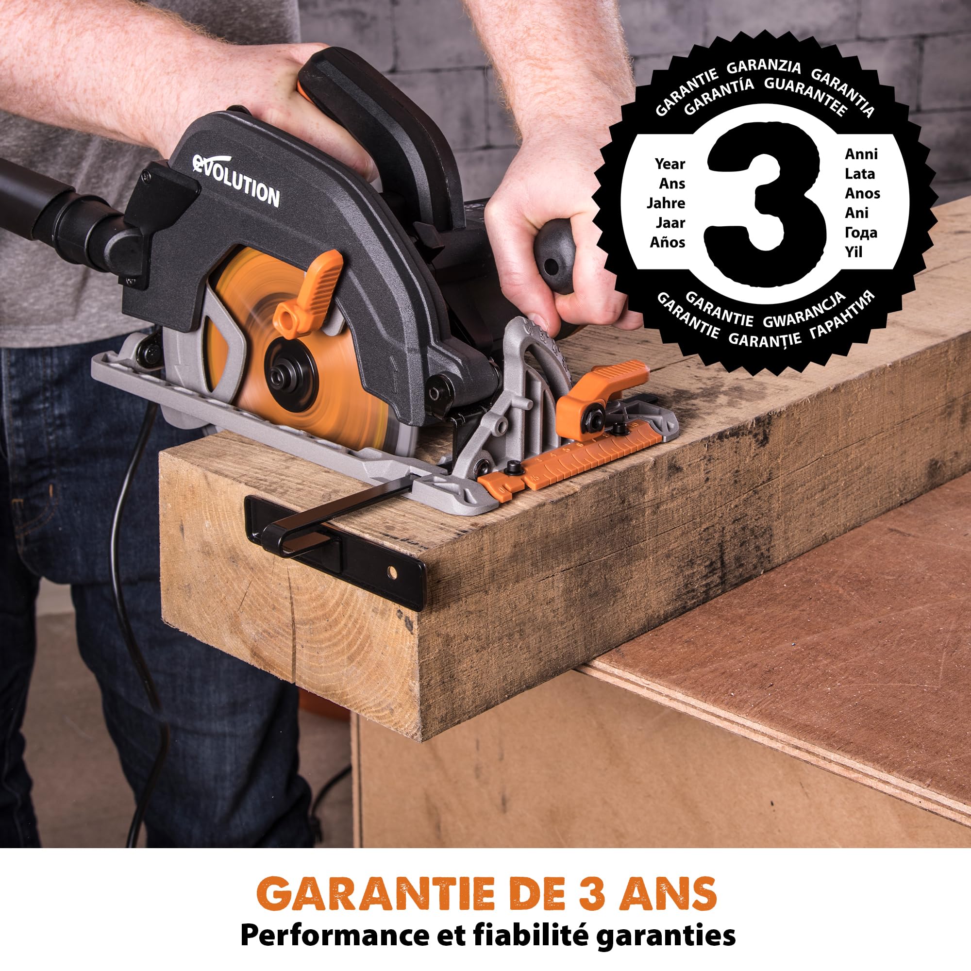 Evolution Power Tools Scie Circulaire - Coupe Multi-Matériaux - Le Bois, Le Plastique, Le Métal - Biseau 0° - 60 - Profondeur de coupe de 64 mm - Guide Parallèles - Lame Incluse 185mm - R185CCS