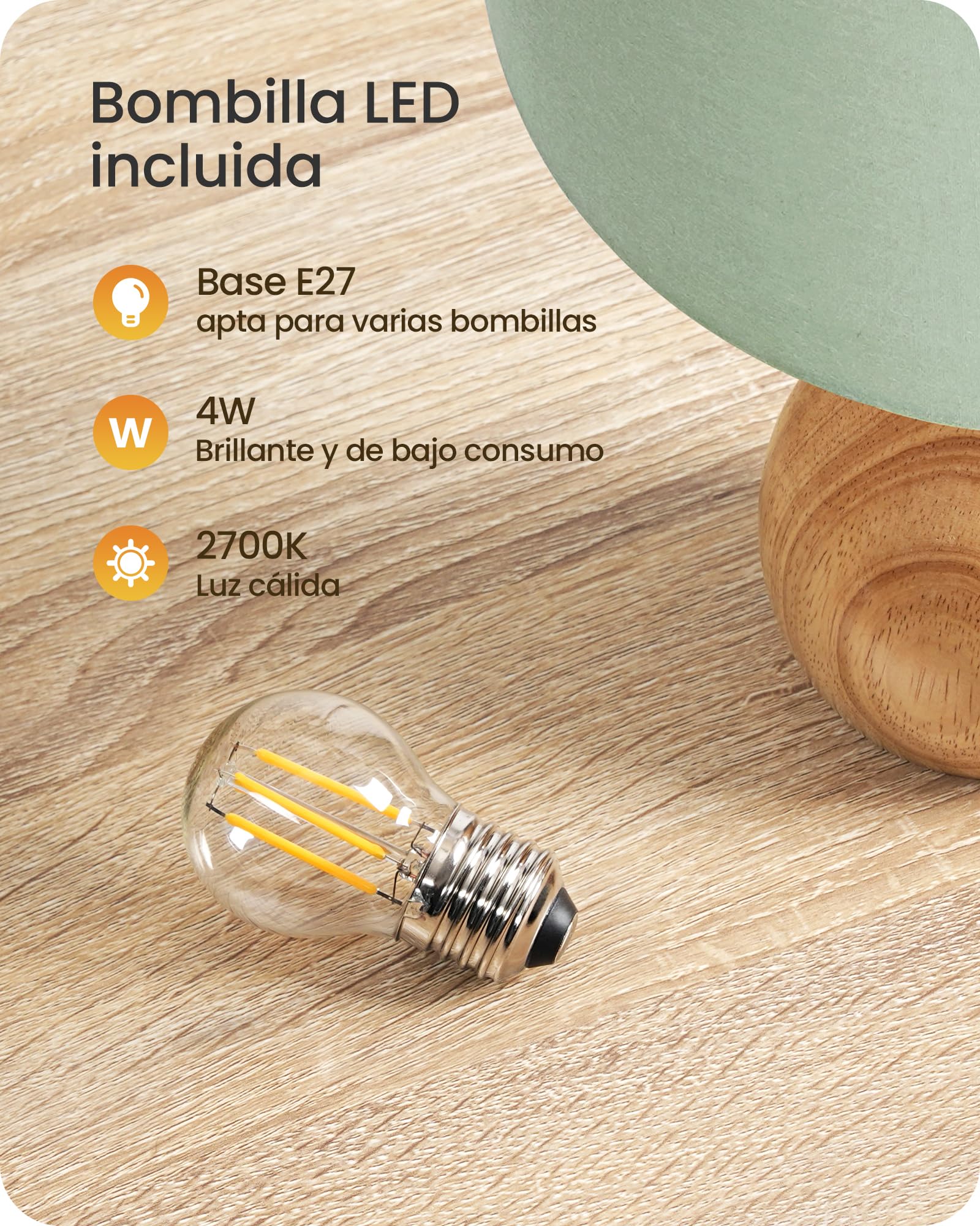 Lámpara de Mesita de Noche de Madera Verde | Maciza con Base en Forma de Botella, Pantalla de Lino, Incluye una Bombilla LED 2700K, para Sala de Estar, Dormitorio