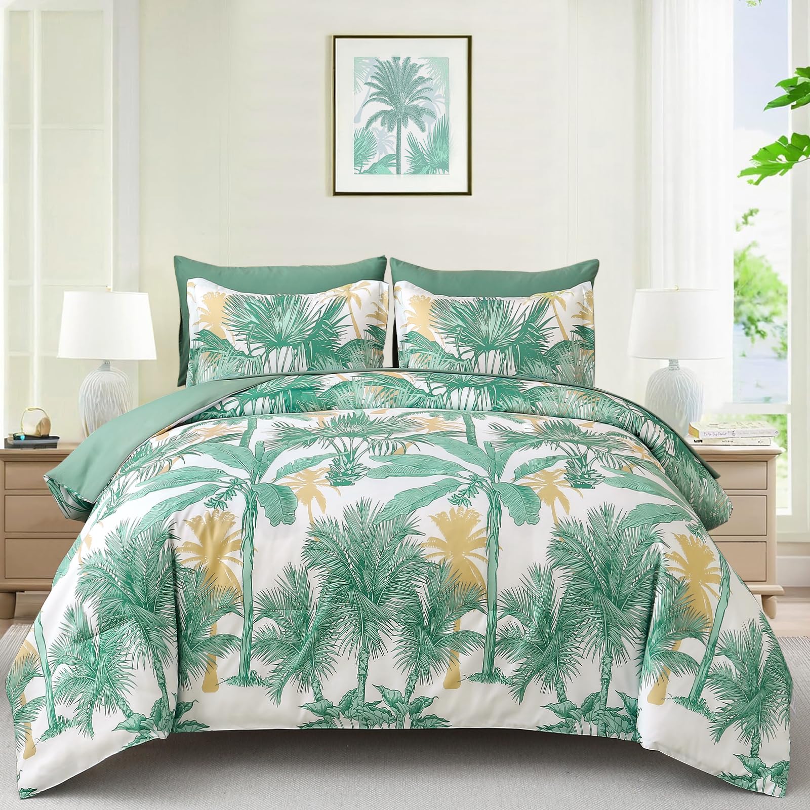 WONGS BEDDING Comforter Set King Size, 7 Pieces Aqua Botanical Bed in a Bag, Soft Microfiber Tropical Palm Tree Bedding Set with King Comforter, Flat Sheet, Fitted Sheet, Pillow Shams, Pillowcases