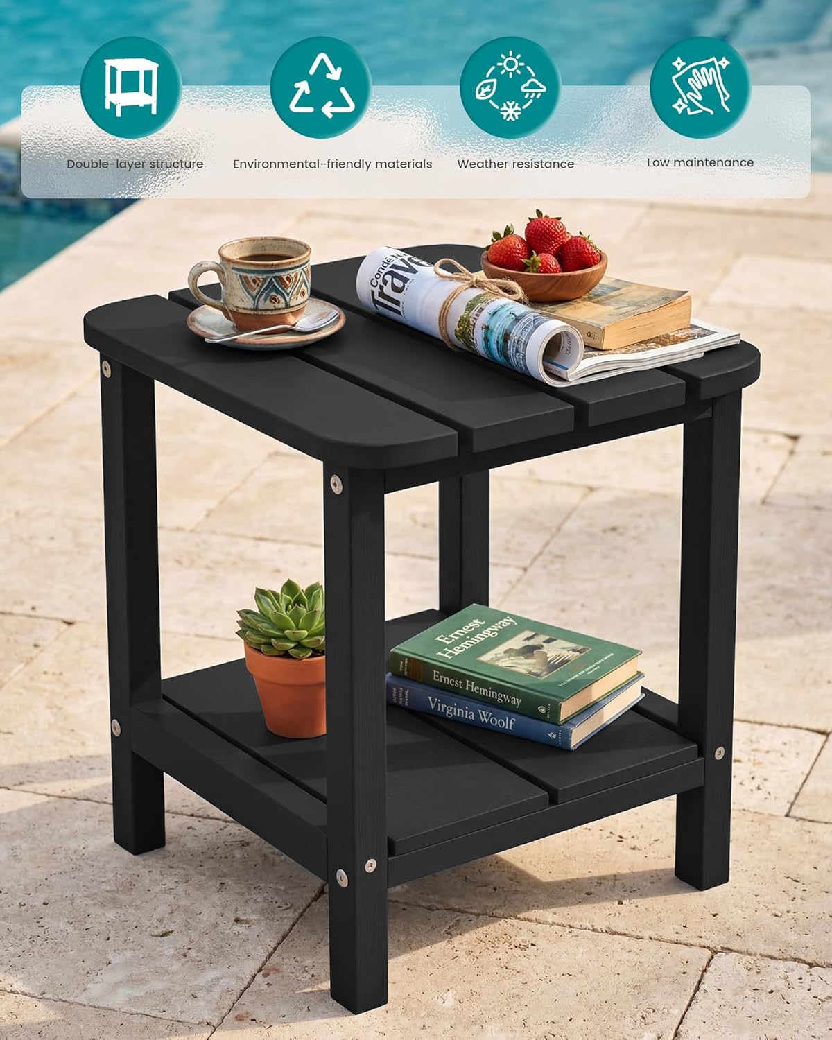 SERWALL Double Adirondack Side Table Rectangular End Table, Black