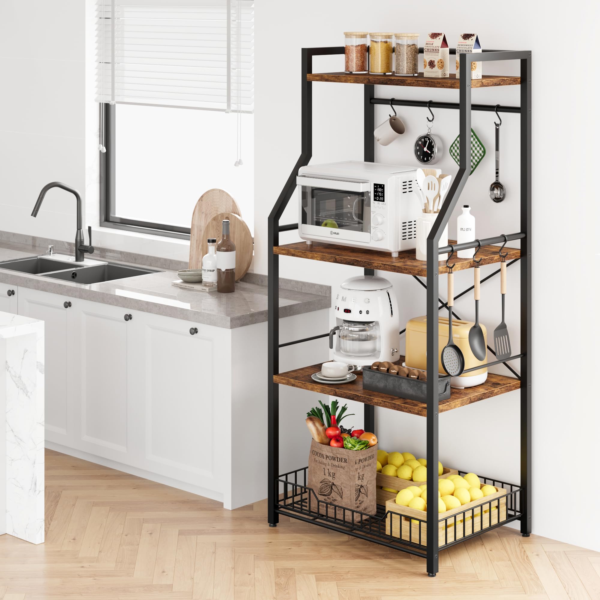 Étagère de Cuisine, Meuble de Rangement à 4 Niveaux,Style Industriel Étagères de Stockage pour Four à Micro-Ondes, Cadre en Acier,60 X 40 X 128CM,Marron Rustique