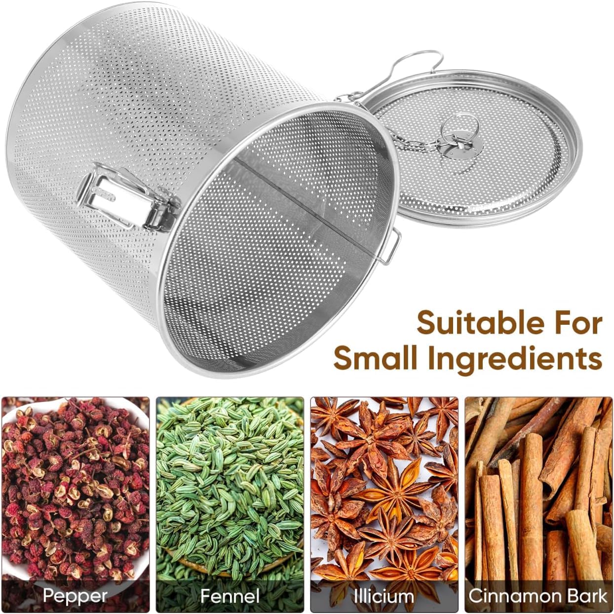 Bola de especias para cocinar, colador de condimentos, infusor de té de acero inoxidable 304, filtro de malla para hojas sueltas, sopa de té, gran capacidad y gancho de cadena extendido (16 x 16 x 16