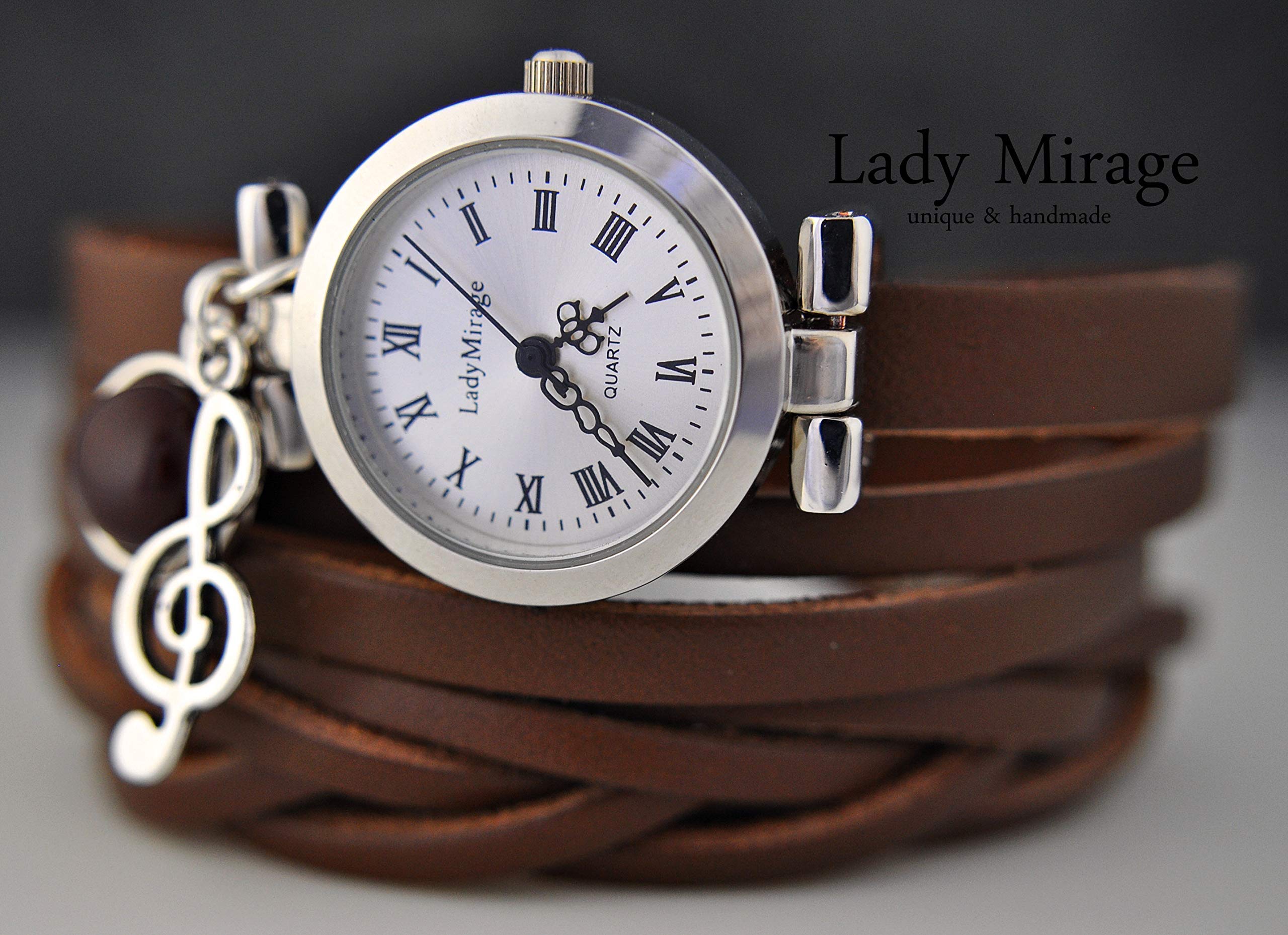 Symphony - Echtleder Armbanduhr - Braun - Edelstein - Achat - Silber - Geschenk für Sie - Tolle Geschenkidee - Muttertagsgeschenk - Geburtstagsgeschenk - Schmuck Geschenk - Handmade