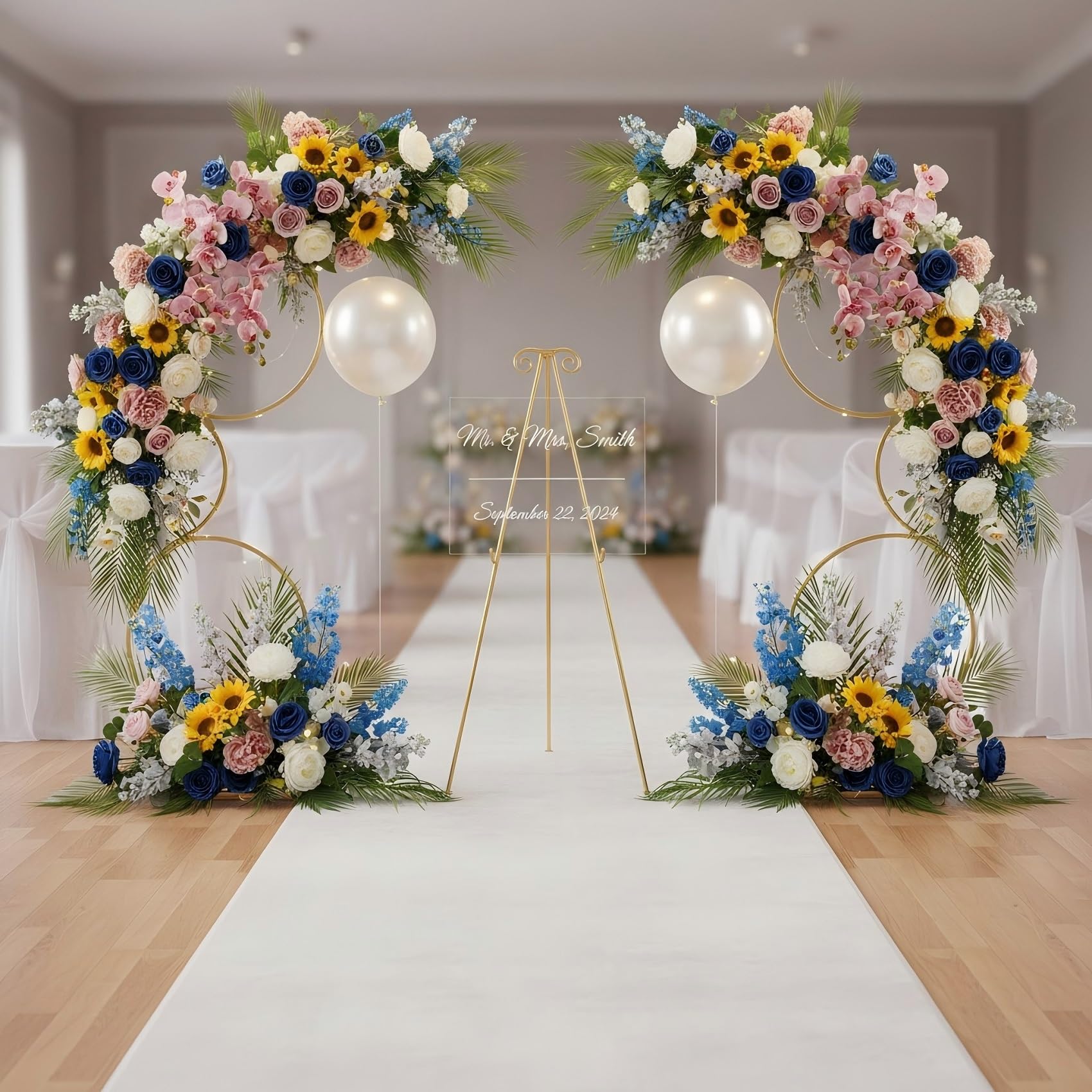 Soporte de arco de boda redondo dorado de 5 pies, marco de arco de flores de metal de 4 niveles para fondo de cabina de globos de fotos, 2 soportes de flores para centro de mesa de boda
