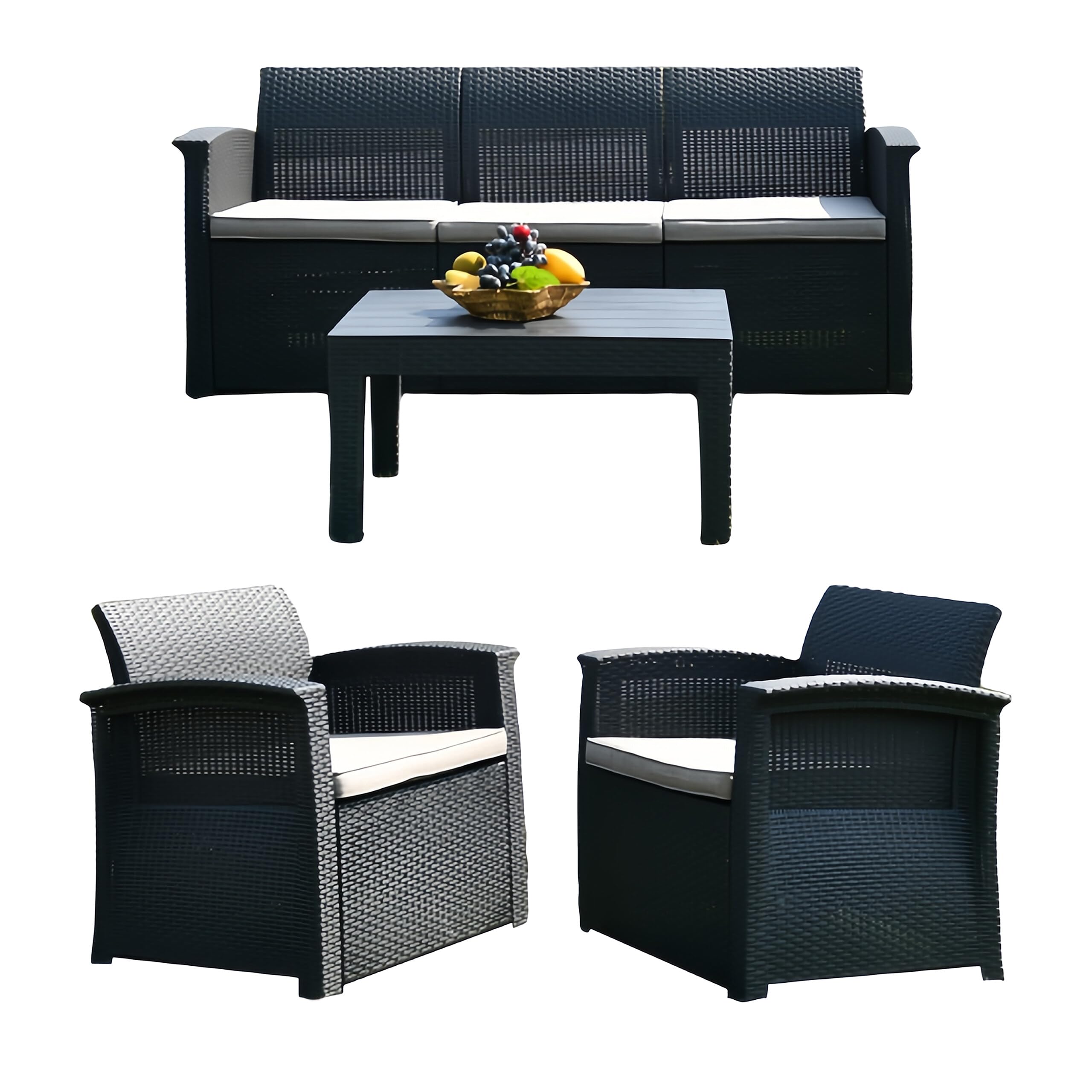 Relaxdays Ensemble Jardin 4 pièces en rotin synthétique, 5 pers., canapé 3 Places, 2 fauteuils et Table, extérieur