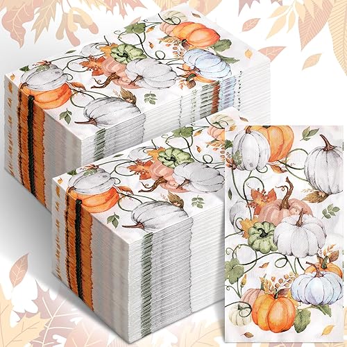 Sinmoe 200 servilletas de papel de calabaza y hojas, toalla de mano desechable para baño, toalla de papel decorativo para invitados, cosecha de